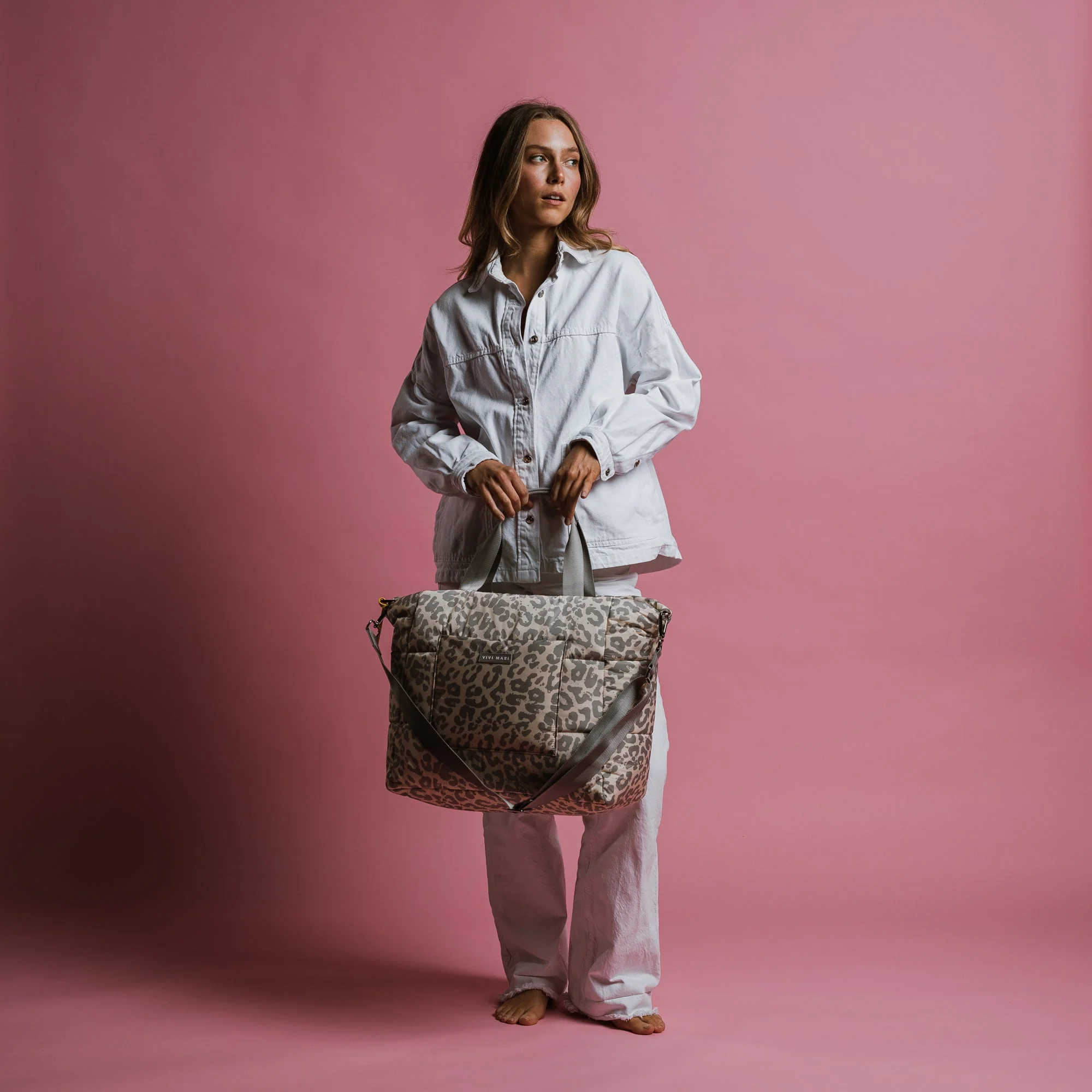 padded tote bag large + strap basic woven slim - leo splashes grey/sand - Image 12