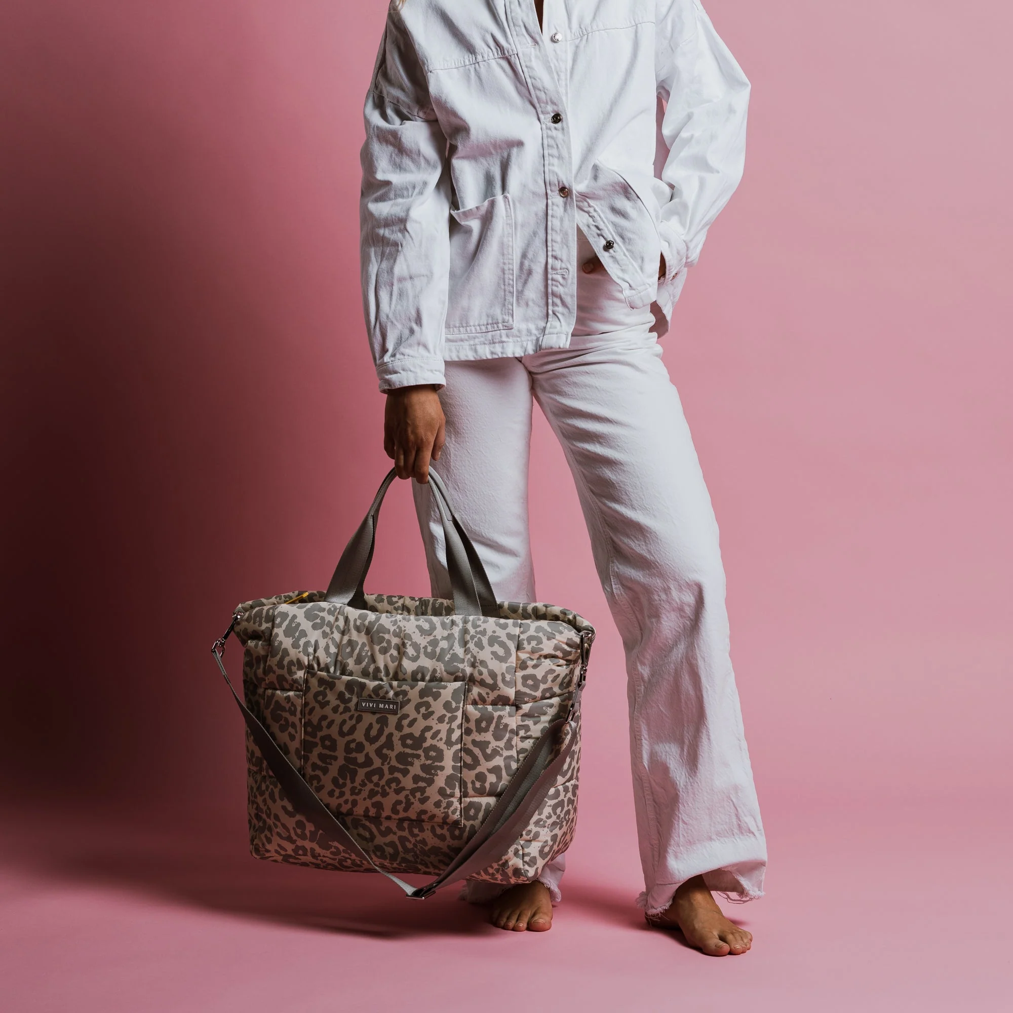 padded tote bag large + strap basic woven slim - leo splashes grey/sand - Image 8