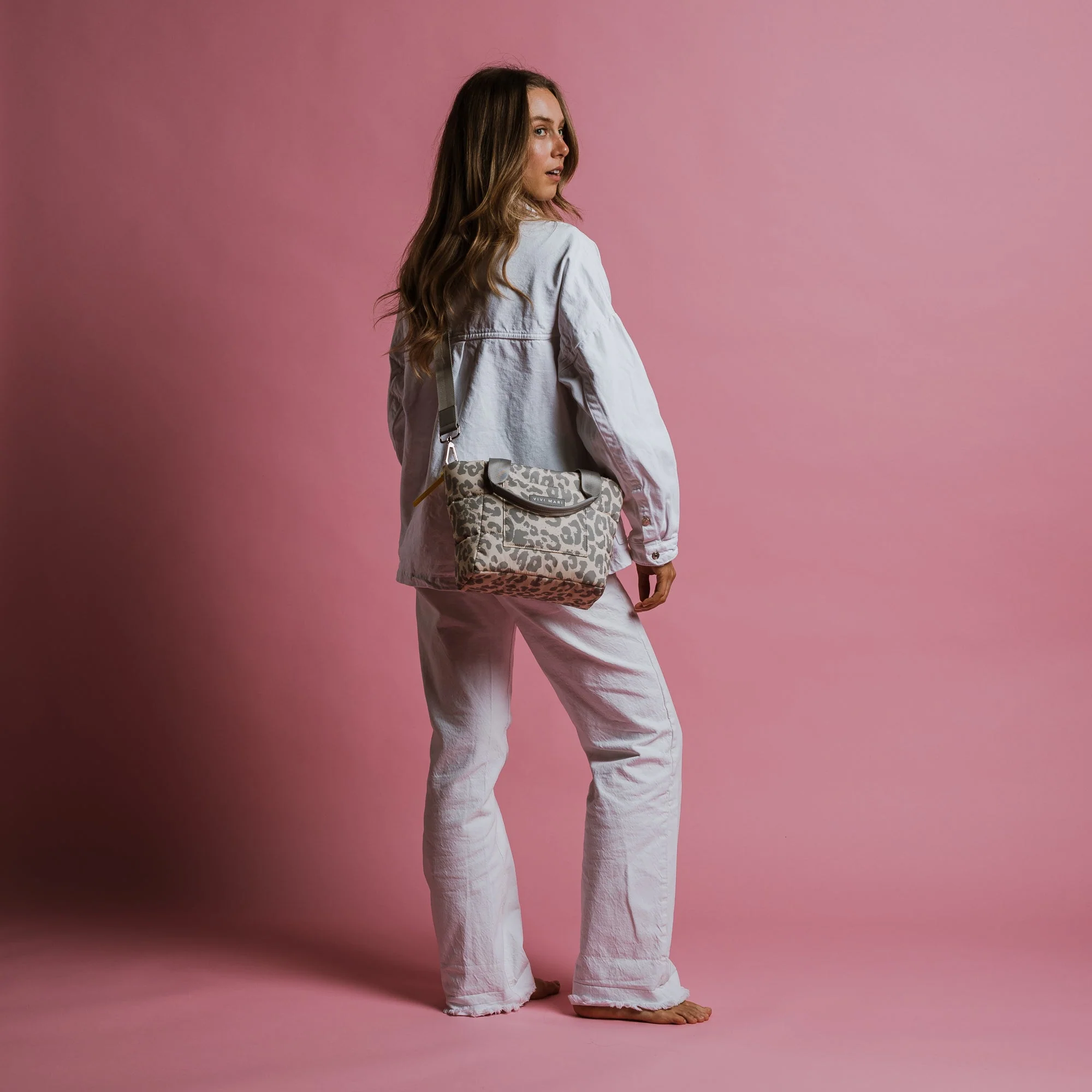 padded tote bag small + strap basic woven slim - leo splashes grey/sand - Image 7