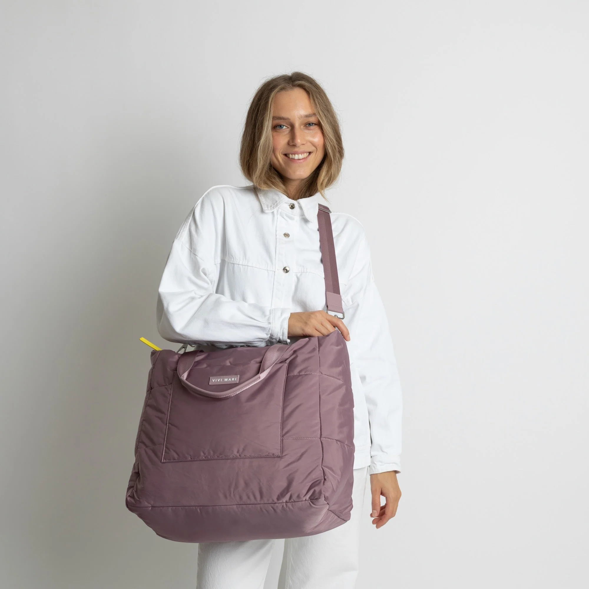 padded tote bag large + strap basic woven slim - ash plum - Image 2