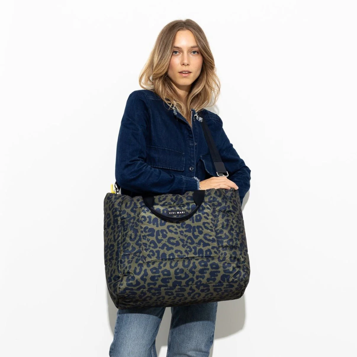 padded tote bag large + strap basic woven slim - leo splashes navy/olive - Image 13