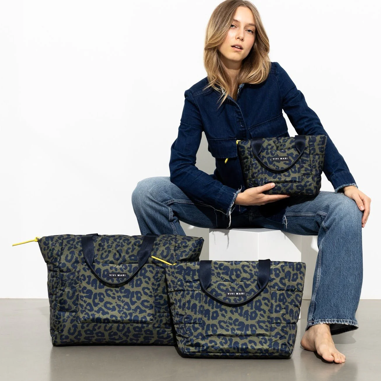 padded tote bag large + strap basic woven slim - leo splashes navy/olive - Image 18