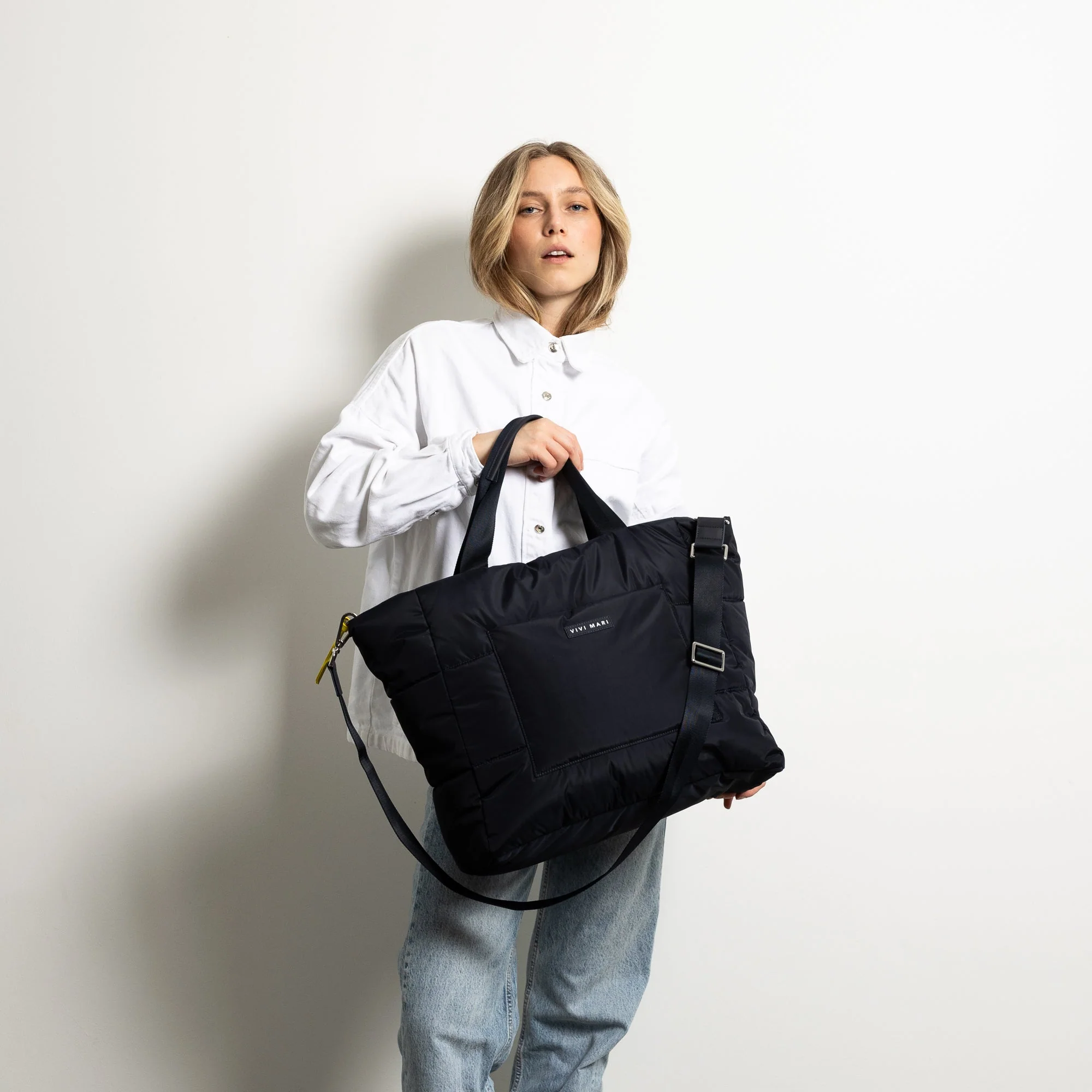 padded tote bag large + strap basic woven slim - navy - Image 14