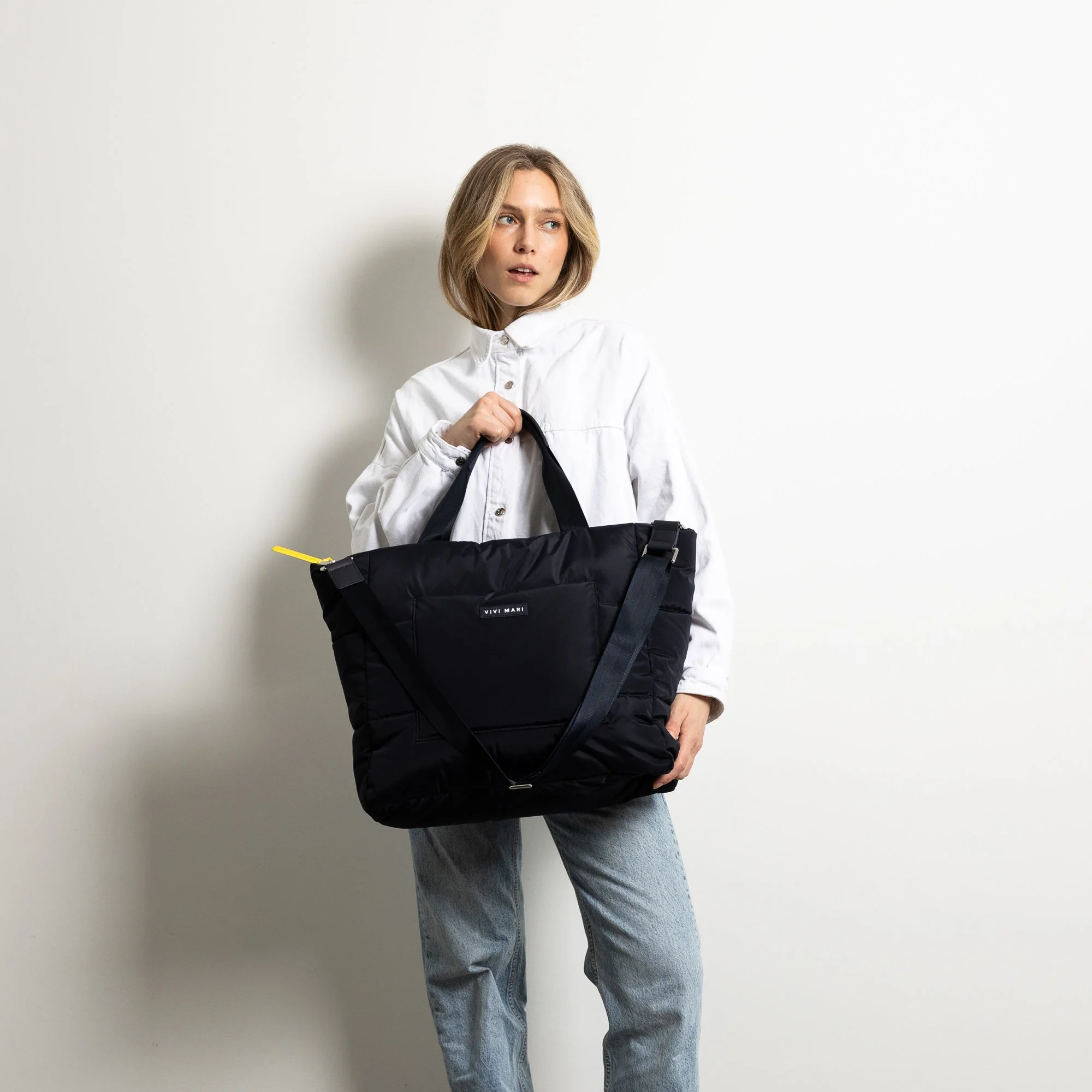 padded tote bag large + strap basic woven slim - navy - Image 2