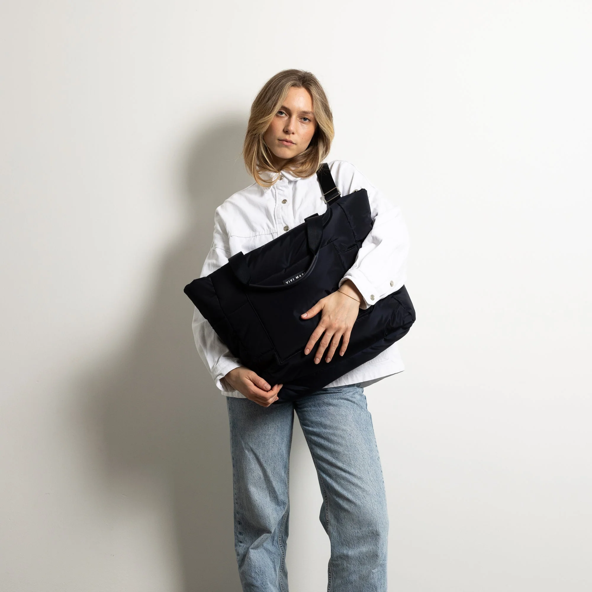 padded tote bag large + strap basic woven slim - navy - Image 5
