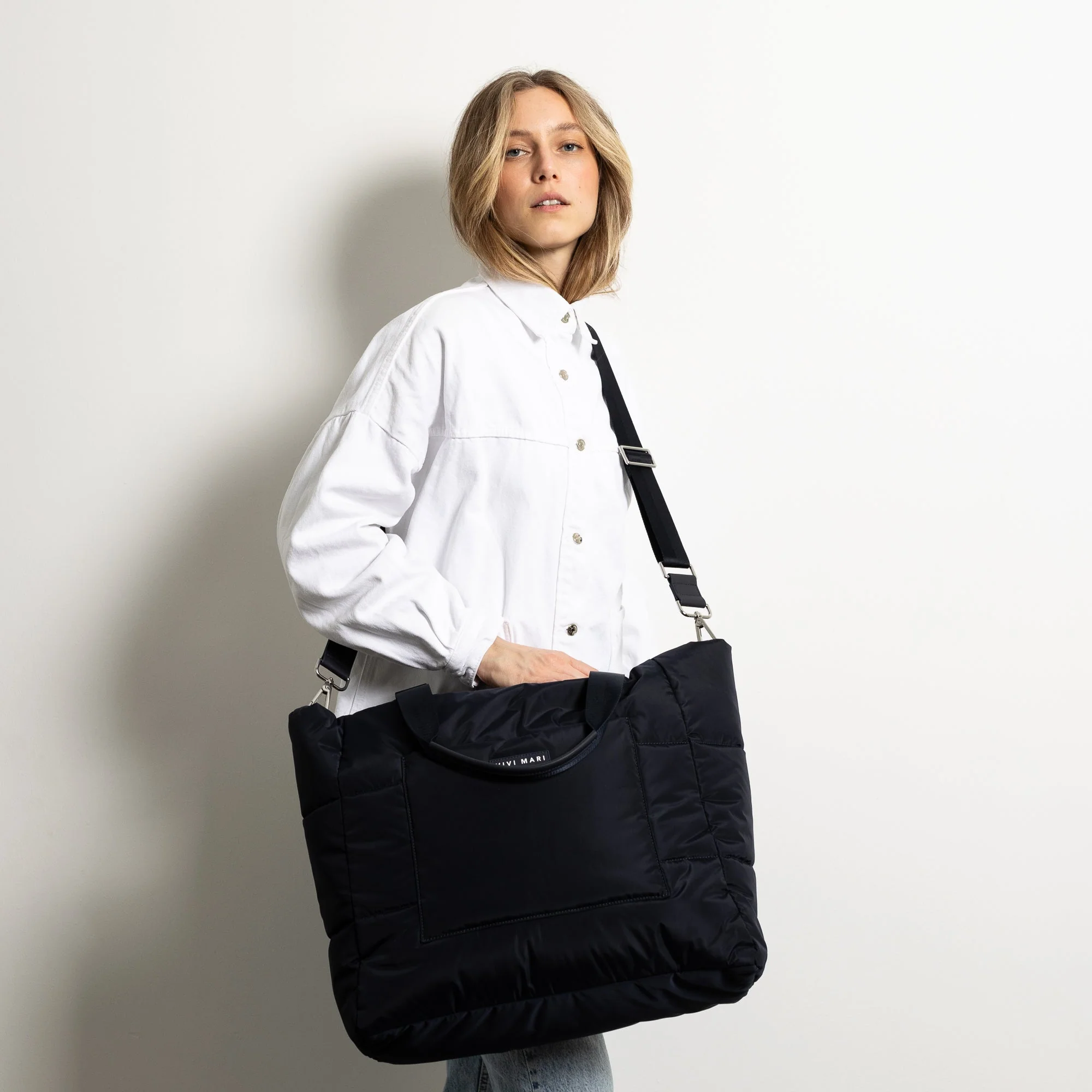 padded tote bag large + strap basic woven slim - navy - Image 9