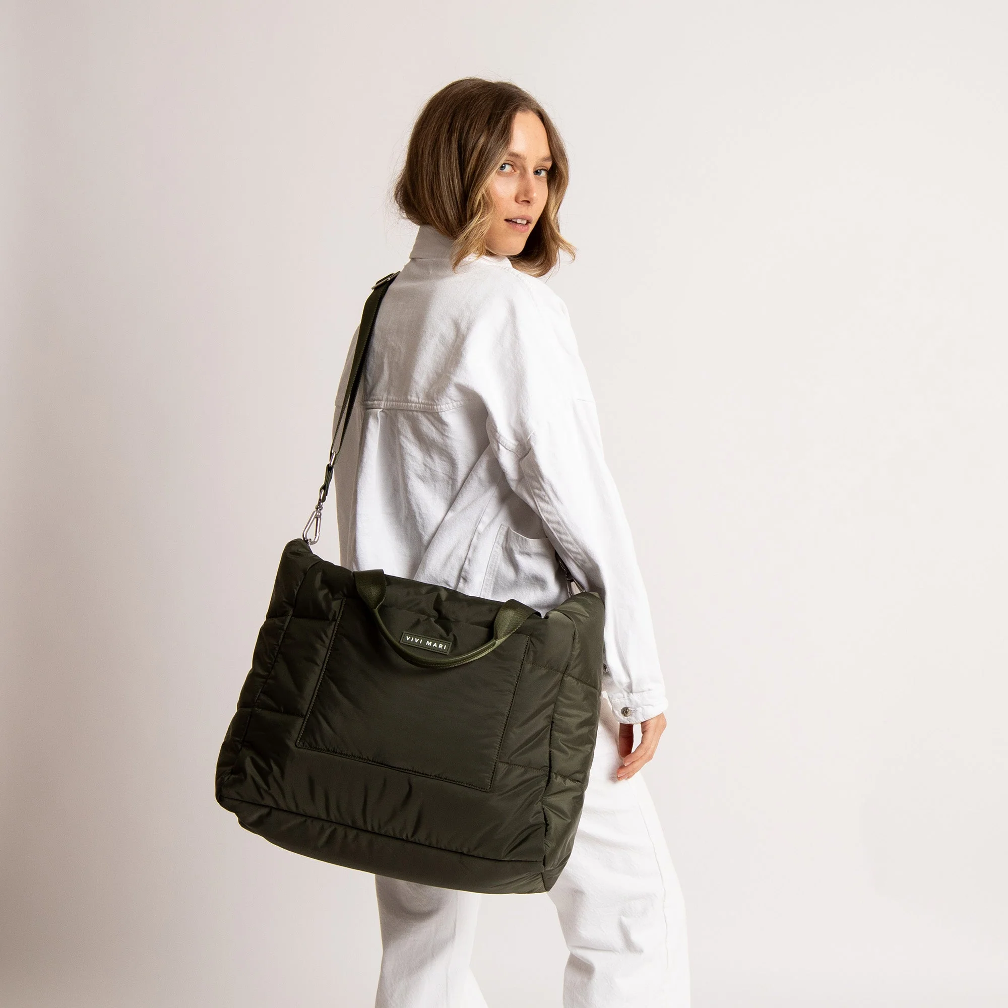 padded tote bag large + strap basic woven slim - olive - Image 2