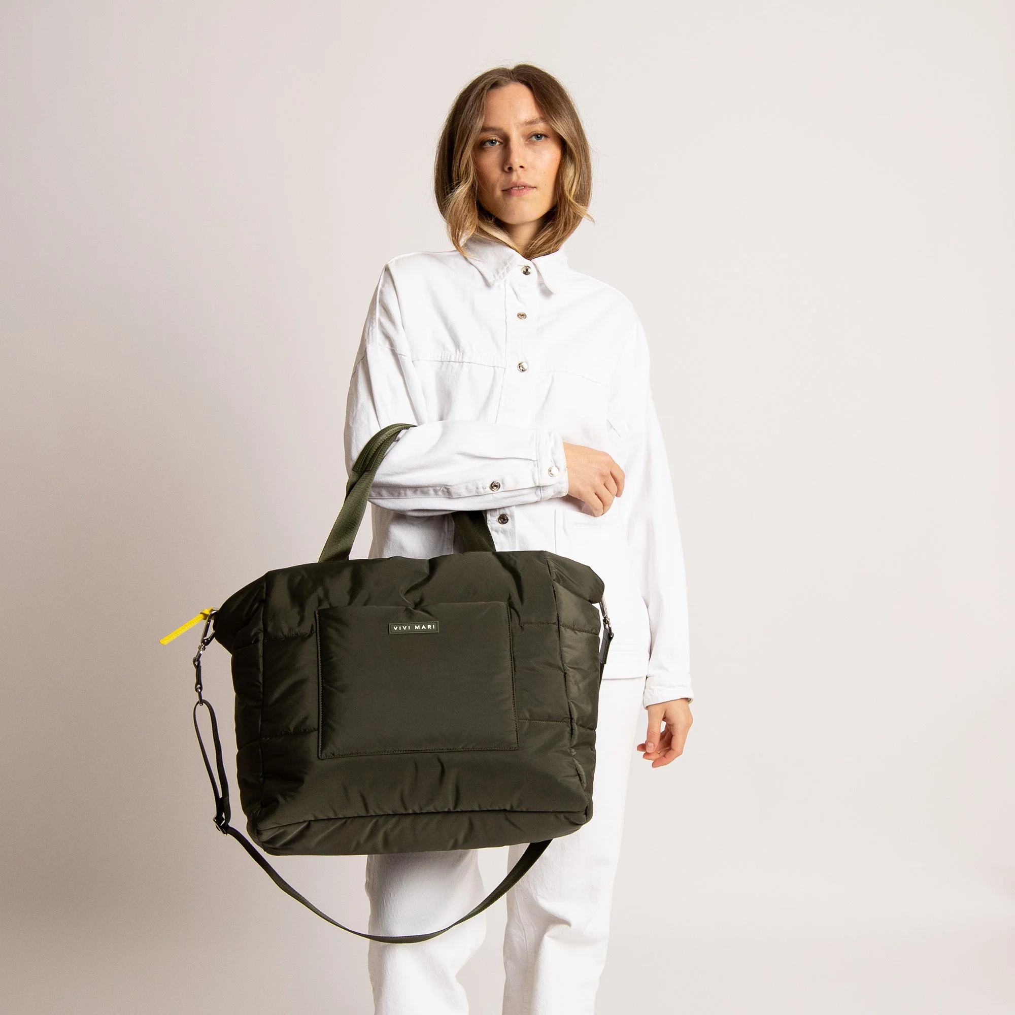 padded tote bag large + strap basic woven slim - olive - Image 6