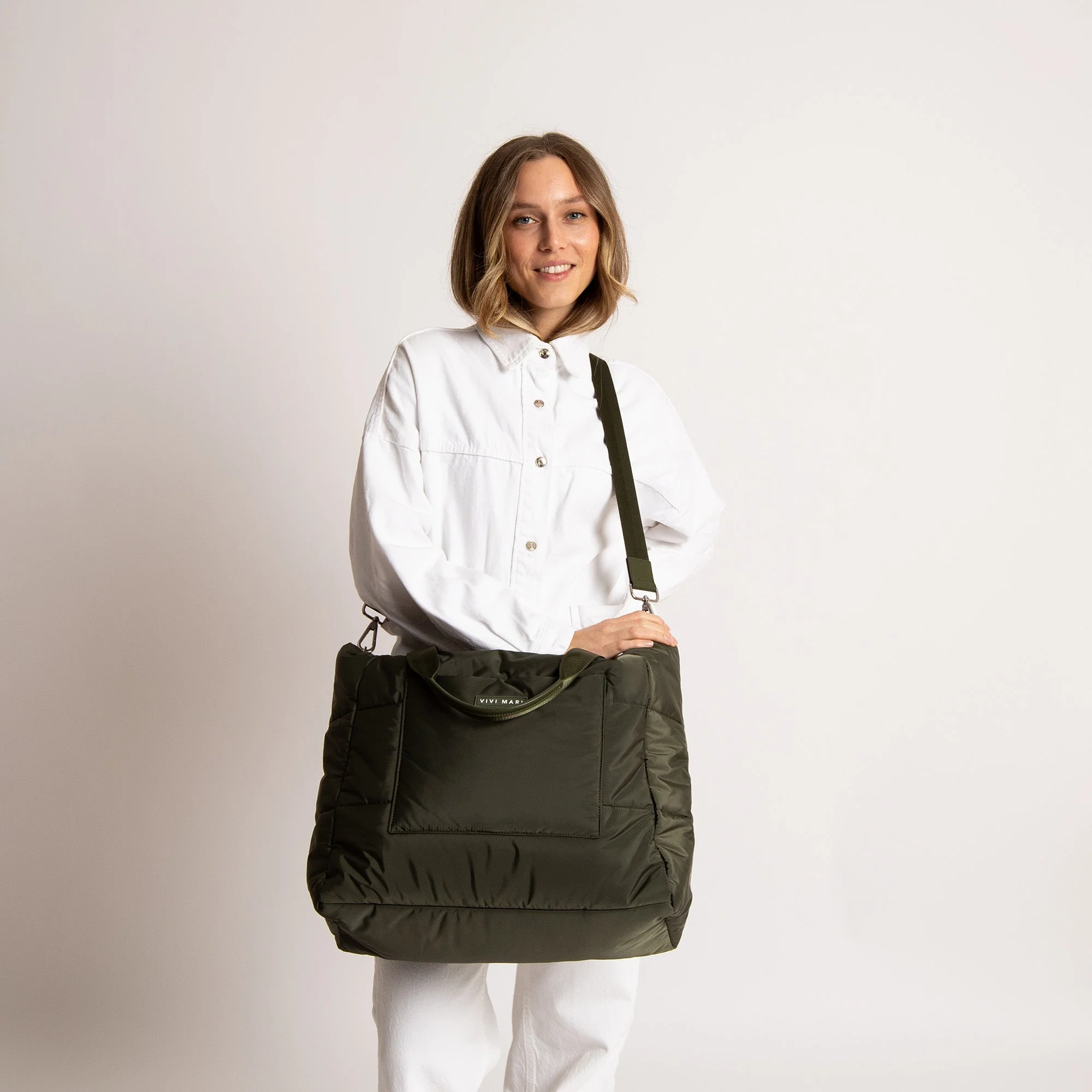 padded tote bag large + strap basic woven slim - olive - Image 8
