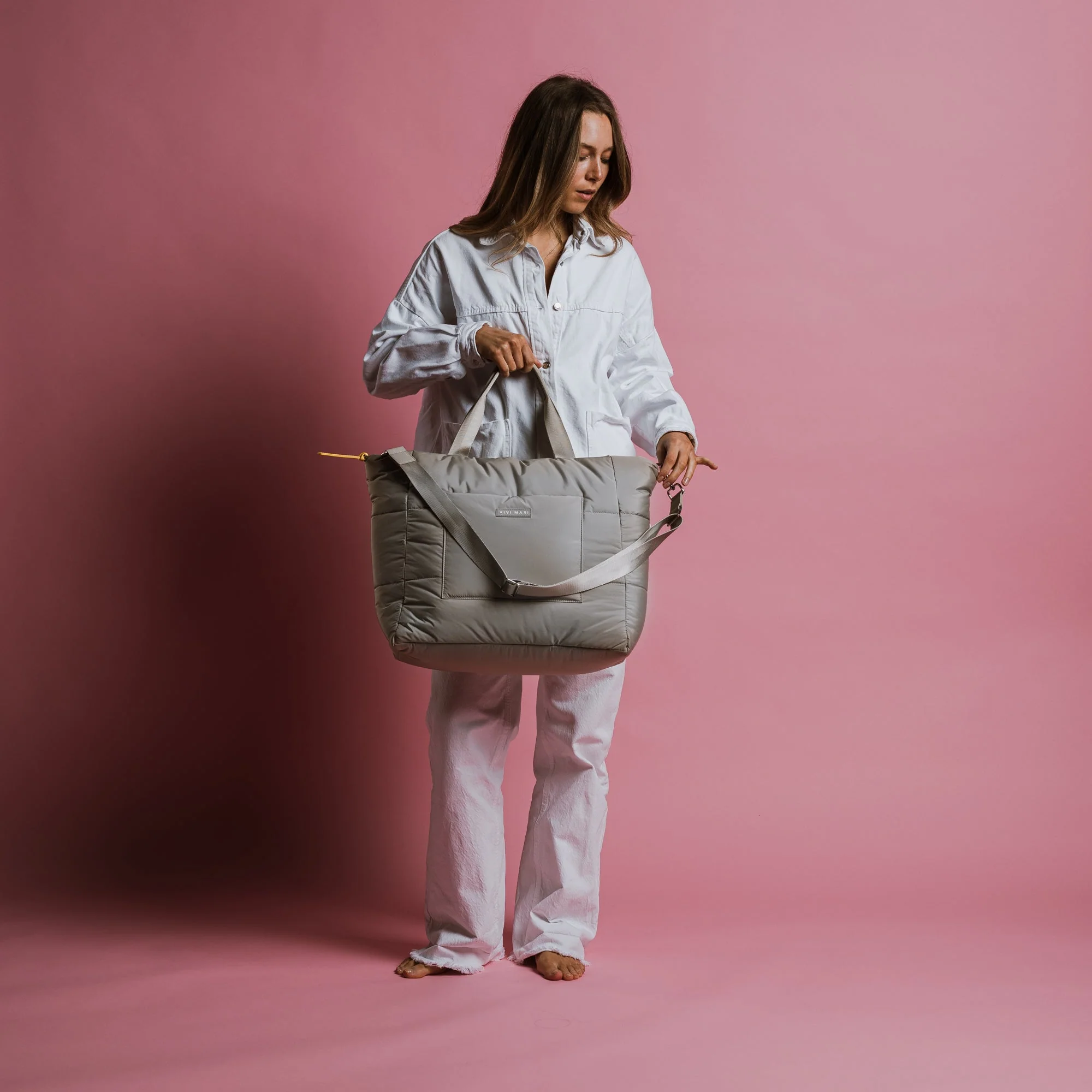 padded tote bag large + strap basic woven slim - stone - Image 2