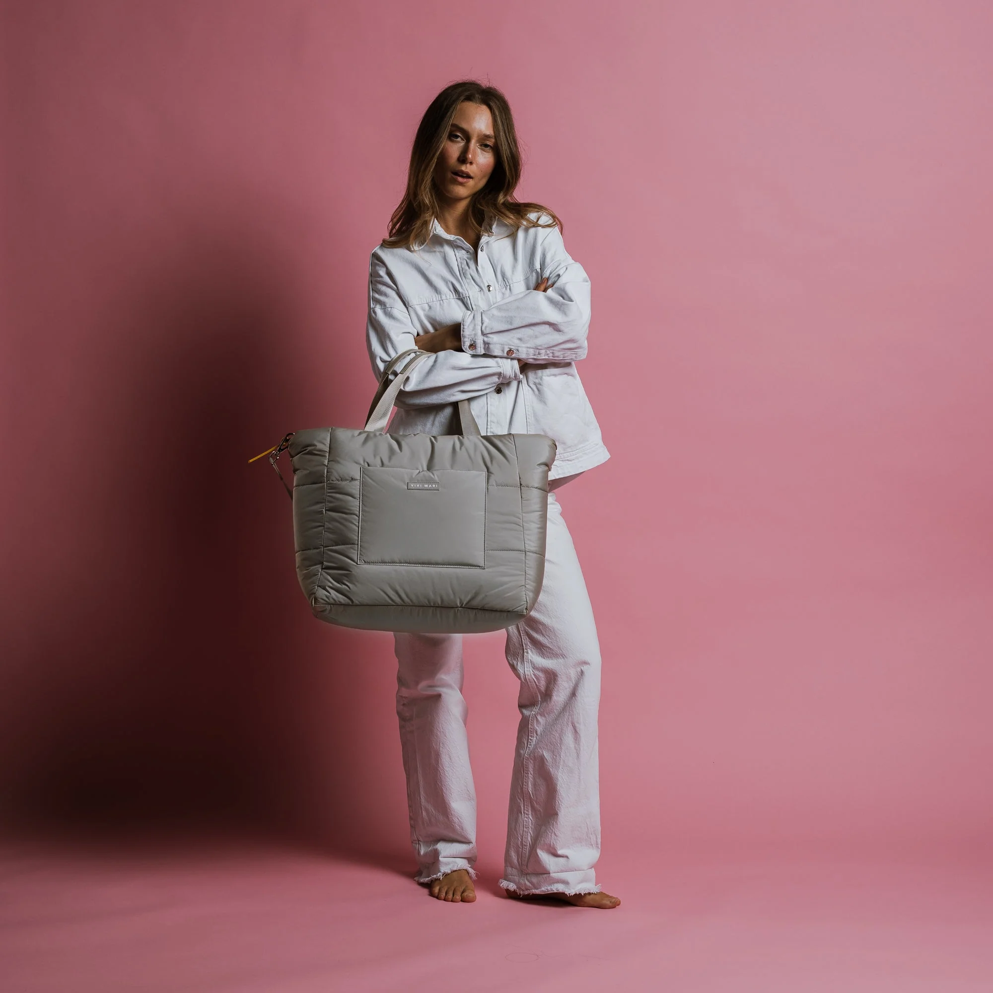 padded tote bag large + strap basic woven slim - stone - Image 4