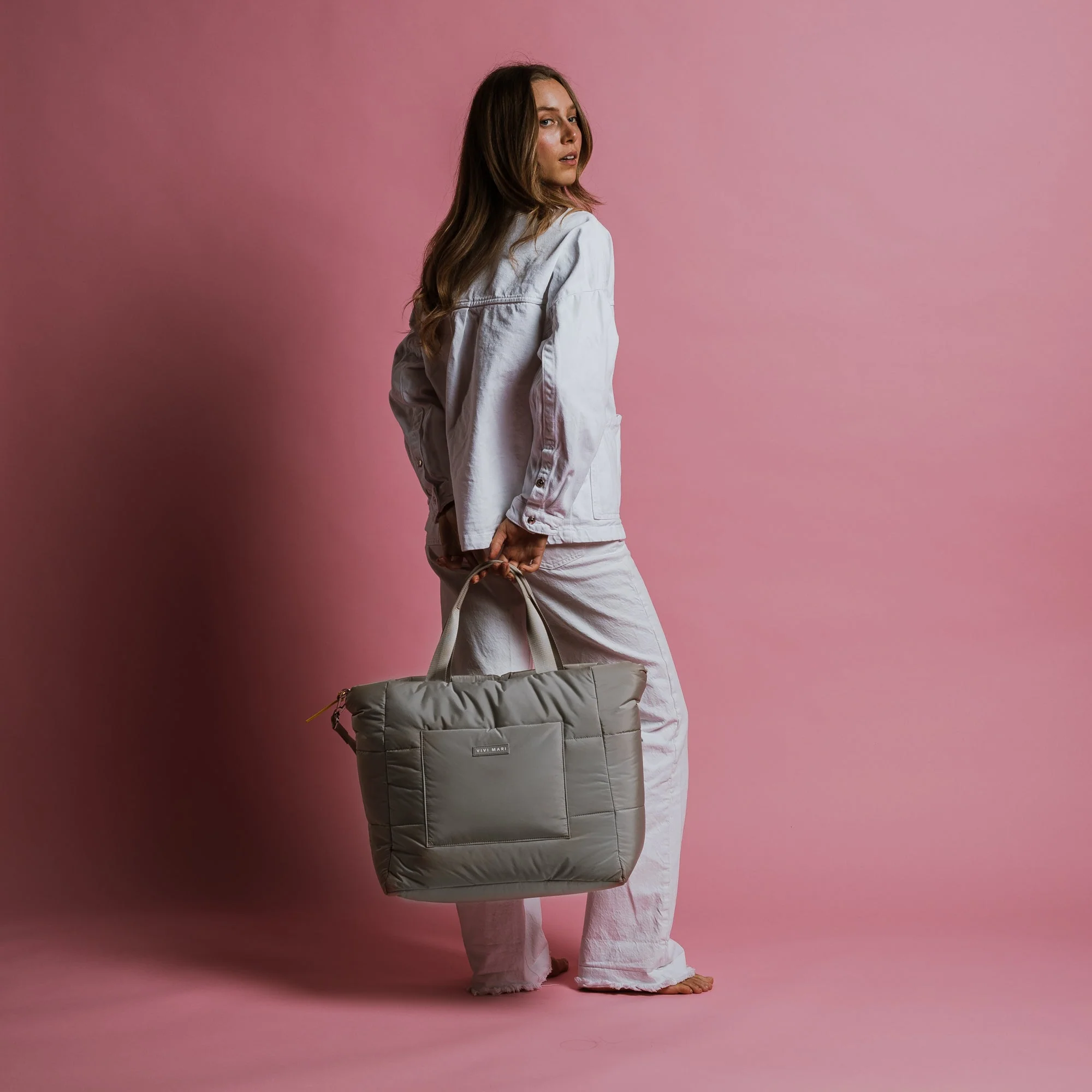 padded tote bag large + strap basic woven slim - stone - Image 7