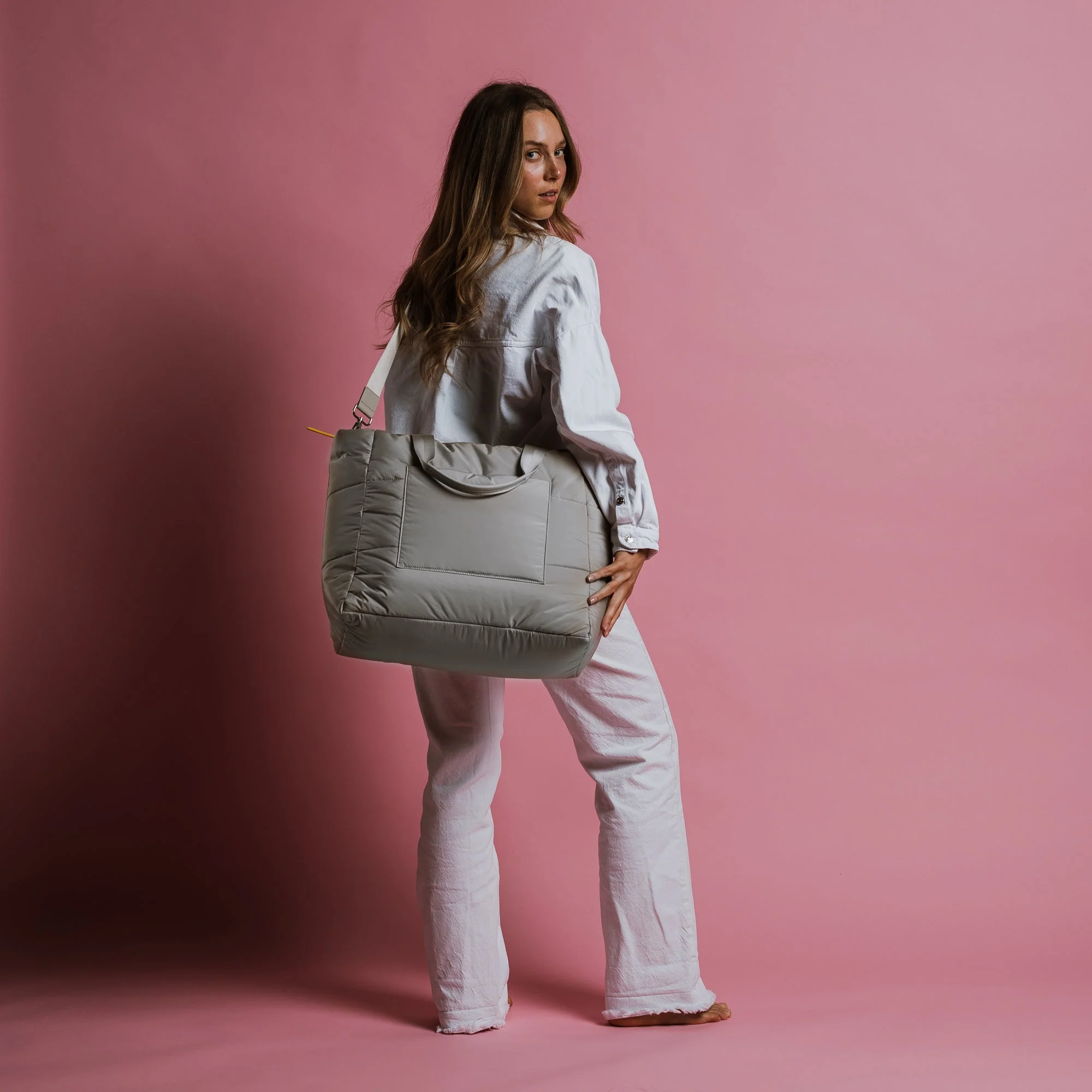 padded tote bag large + strap basic woven slim - stone - Image 8