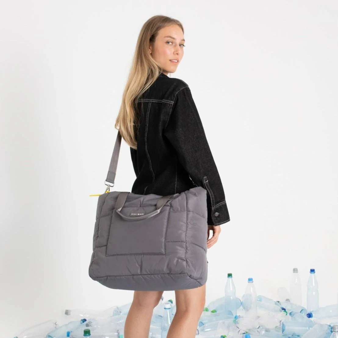 padded tote bag large + strap basic woven slim - taupe - Image 11