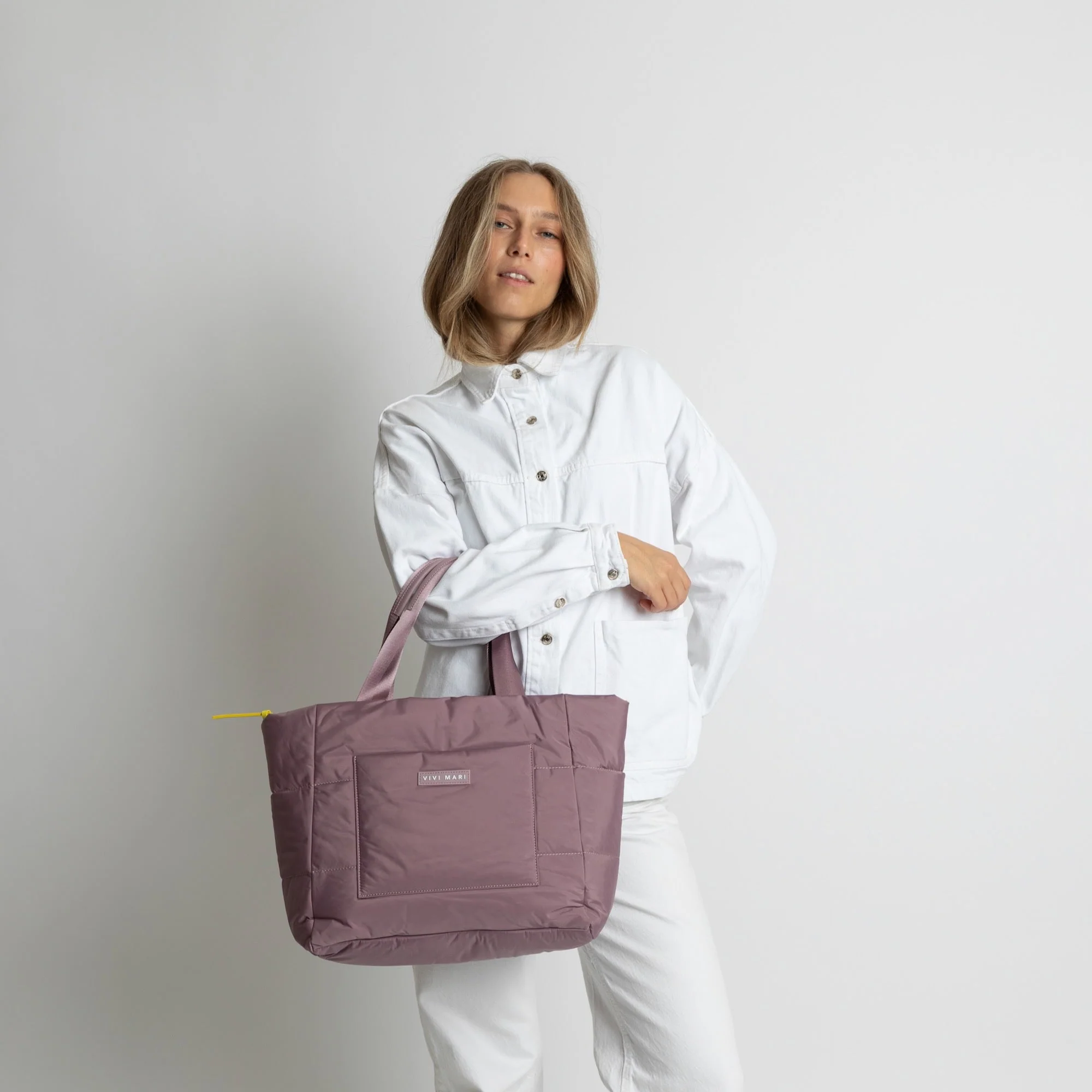 padded tote bag medium + strap basic woven slim - ash plum - Image 8