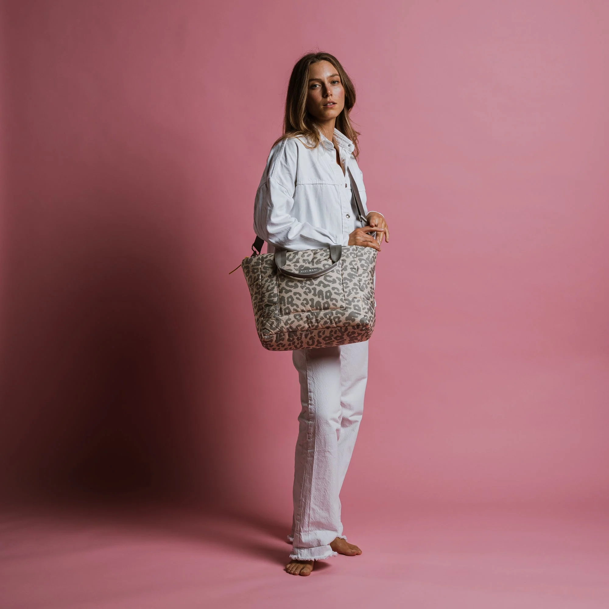 padded tote bag medium + strap basic woven slim - leo splashes grey/sand - Image 4