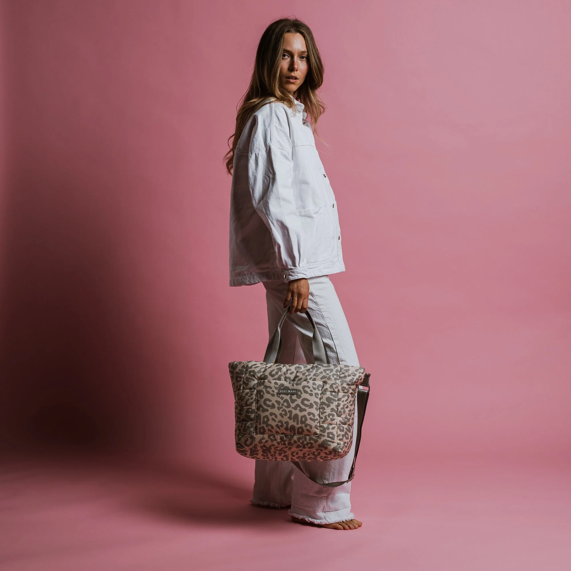 padded tote bag medium + strap basic woven slim - leo splashes grey/sand - Image 7