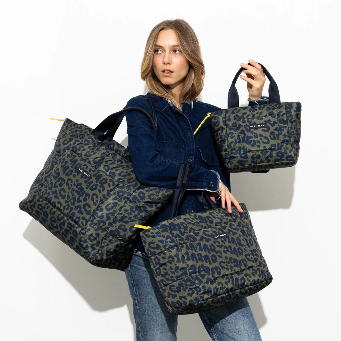 padded tote bag medium + strap basic woven slim - leo splashes navy/olive - Image 19