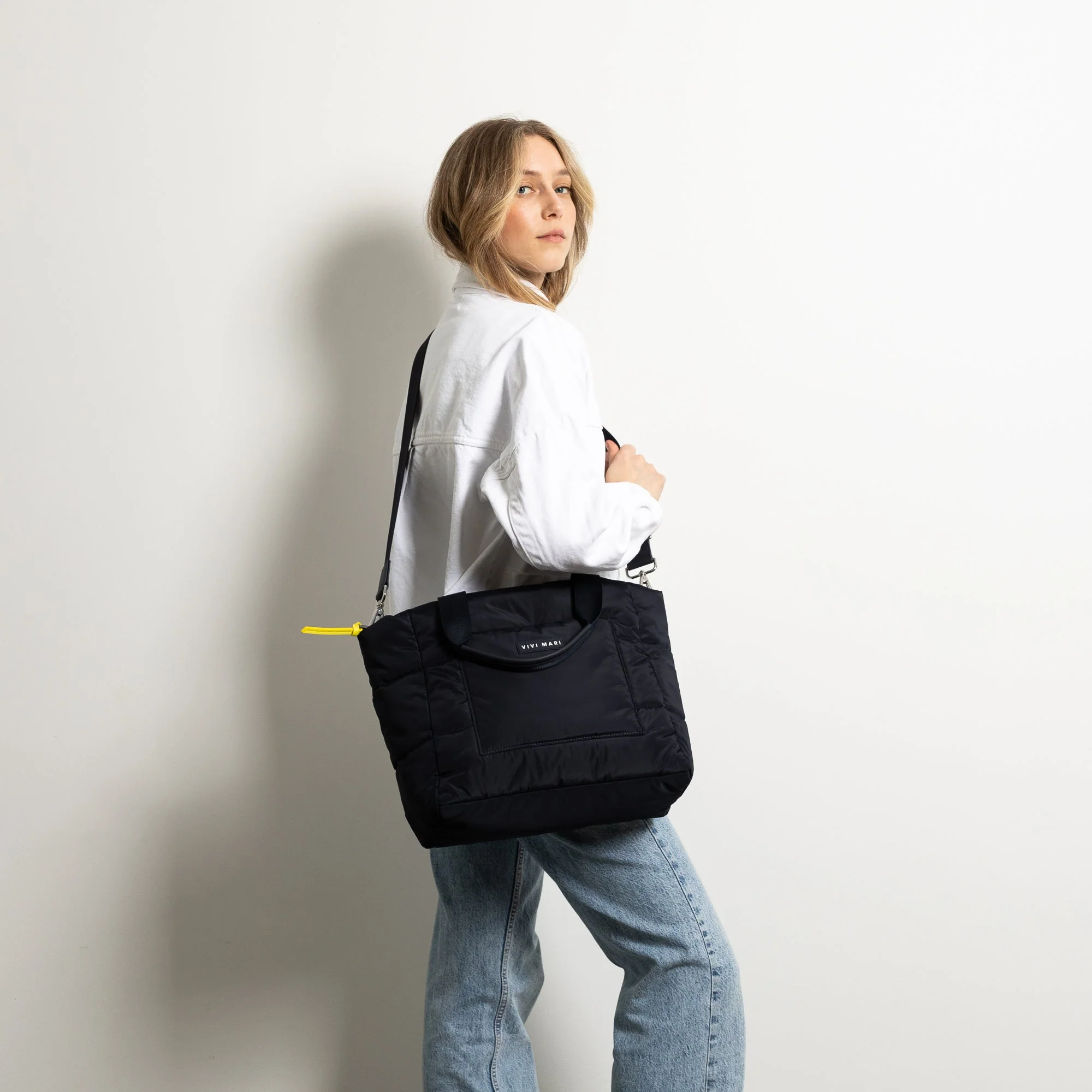 padded tote bag medium + strap basic woven slim - navy - Image 11