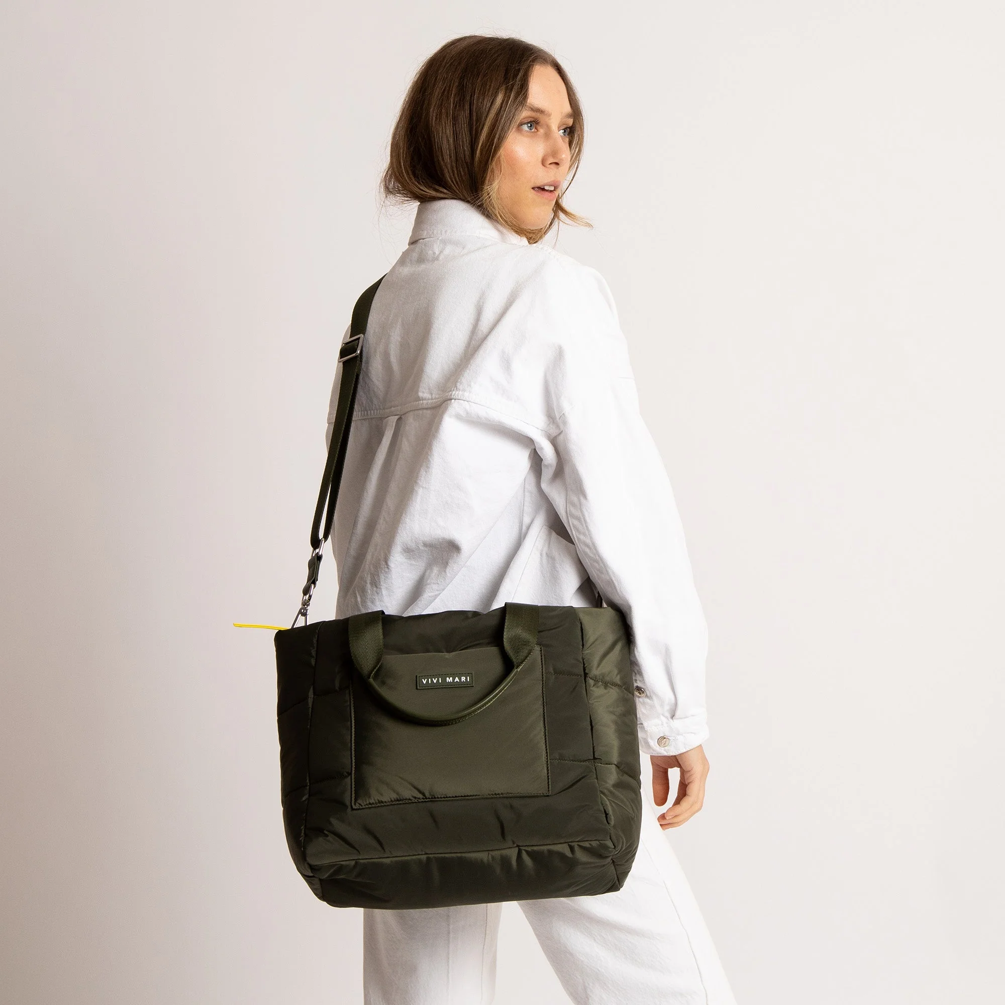padded tote bag medium + strap basic woven slim - olive - Image 9