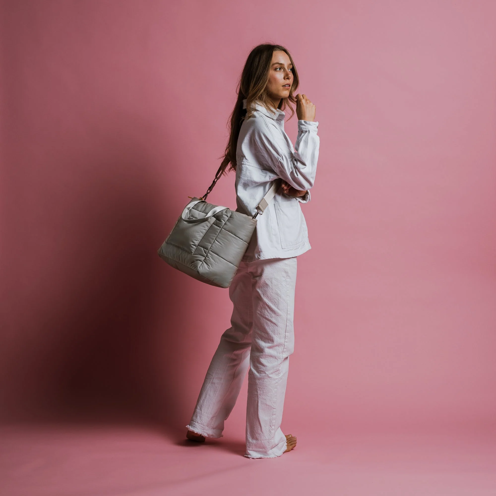 padded tote bag medium + strap basic woven slim - stone - Image 10