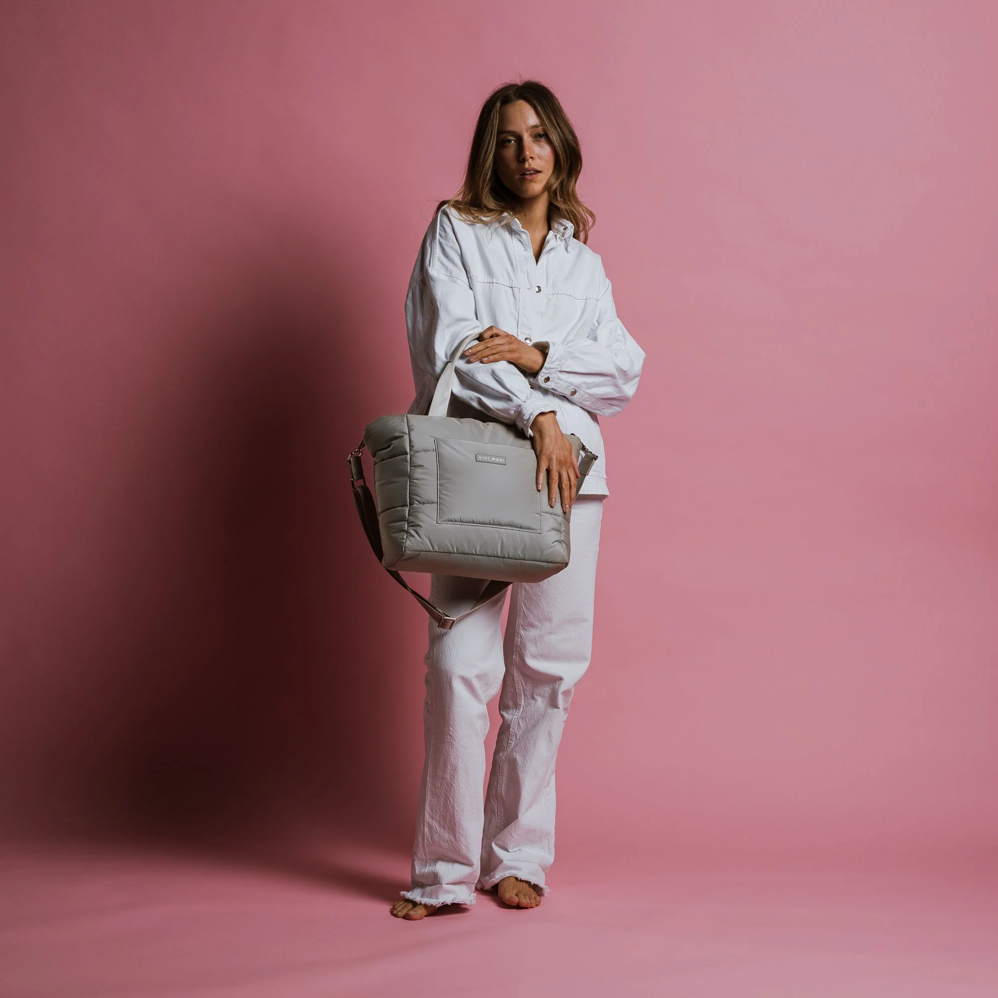 padded tote bag medium + strap basic woven slim - stone - Image 13