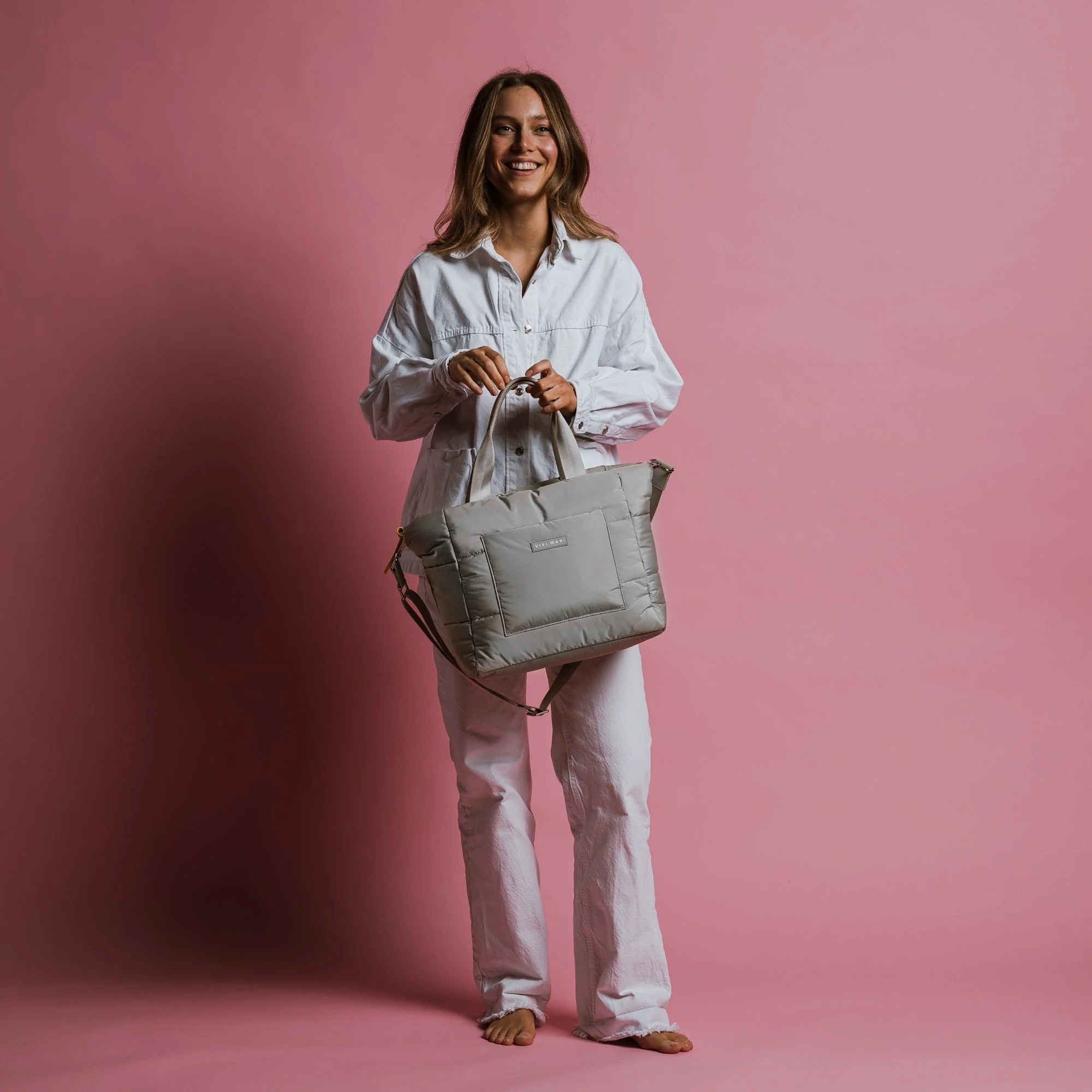 padded tote bag medium + strap basic woven slim - stone - Image 2