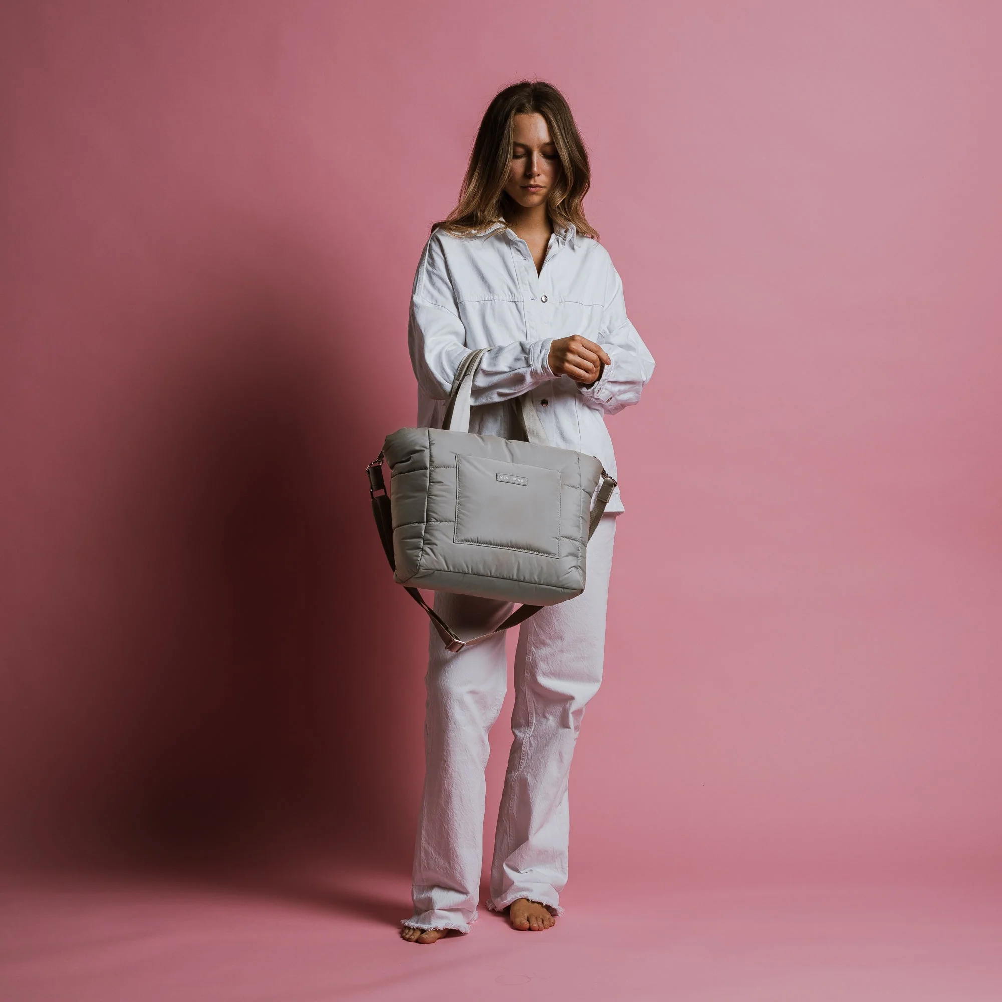 padded tote bag medium + strap basic woven slim - stone - Image 4