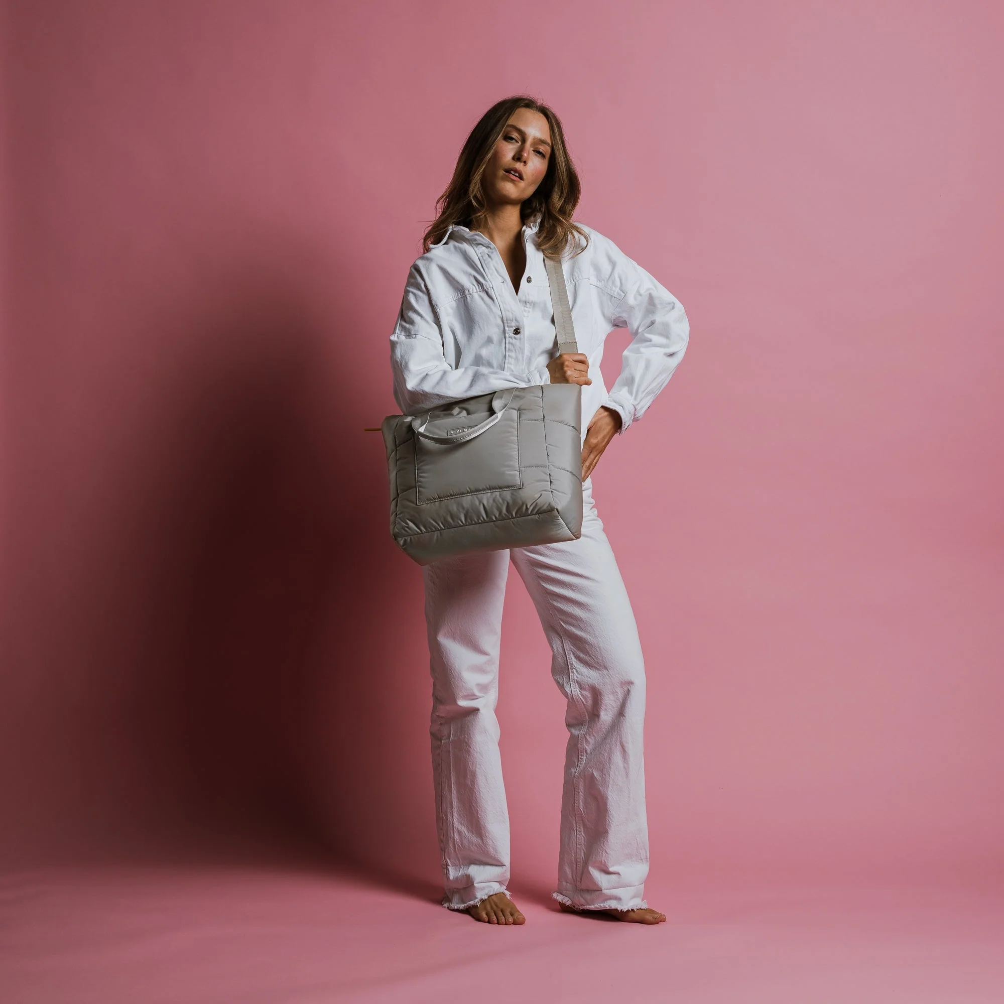 padded tote bag medium + strap basic woven slim - stone - Image 7