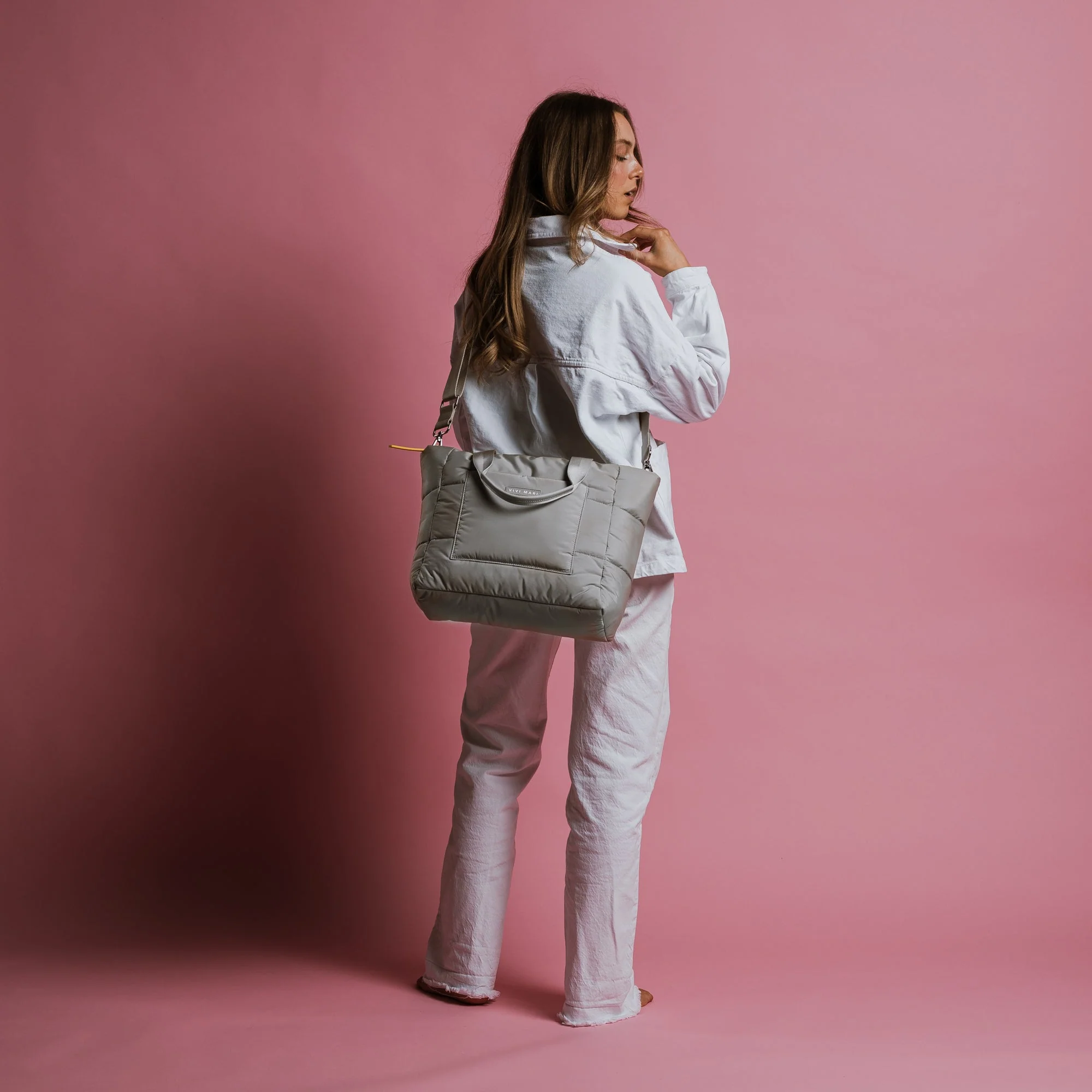 padded tote bag medium + strap basic woven slim - stone - Image 8