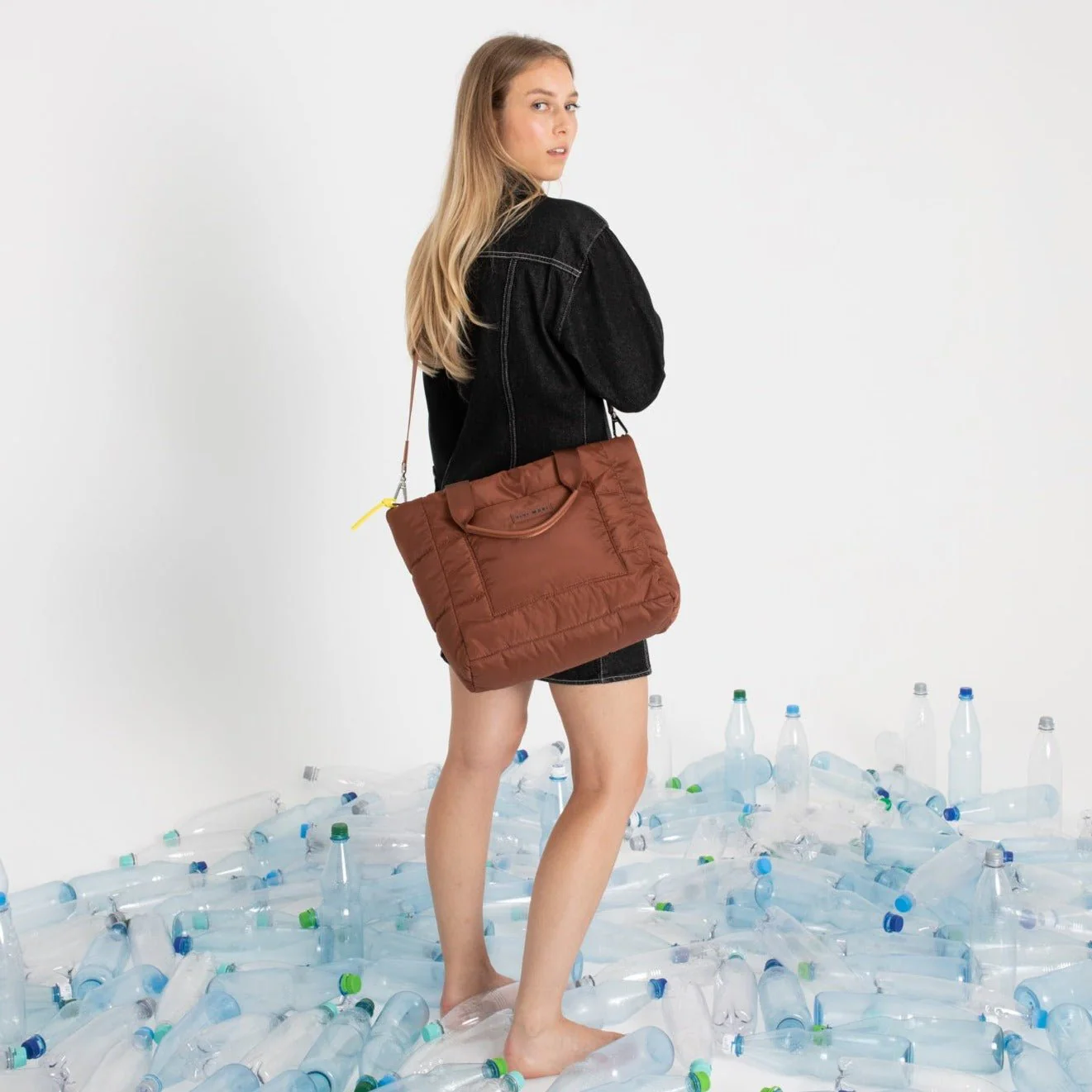 padded tote bag medium + strap basic woven slim - tan - Image 5