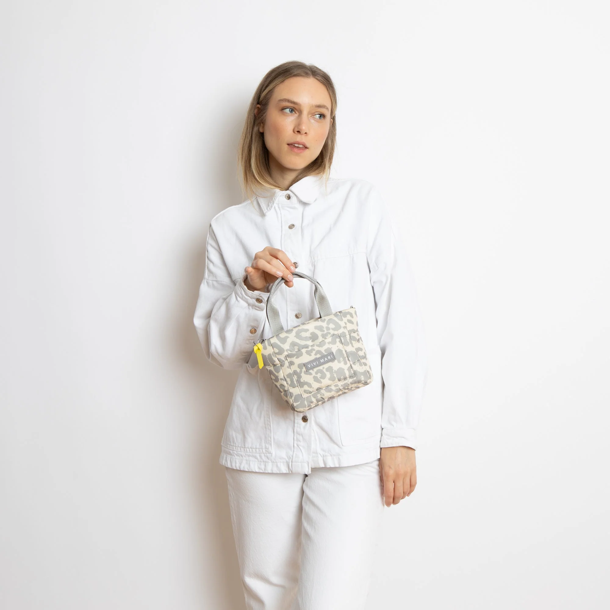 padded tote bag mini + strap basic woven slim - leo splashes grey/sand - Image 21