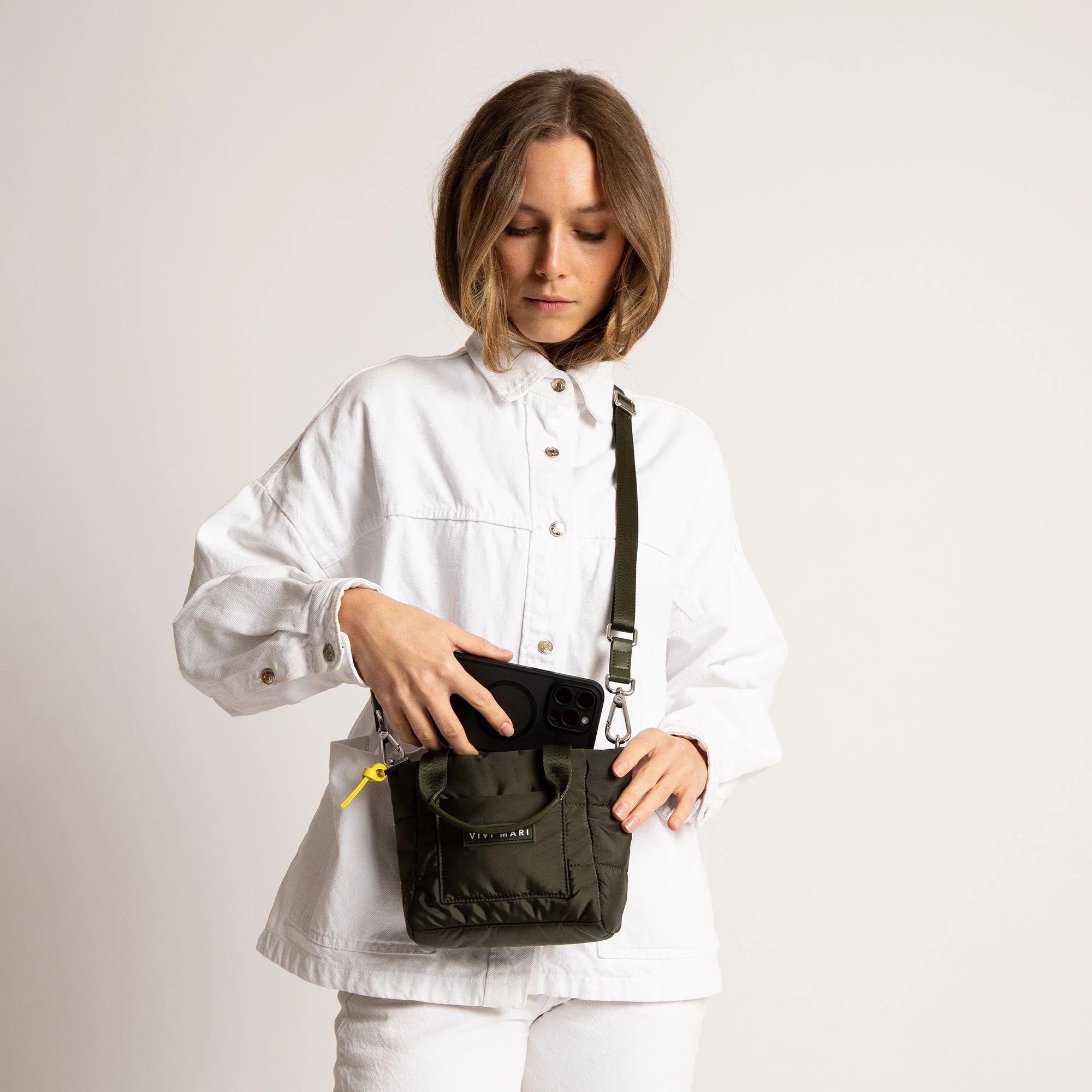 padded tote bag mini + strap basic woven slim - olive - Image 7