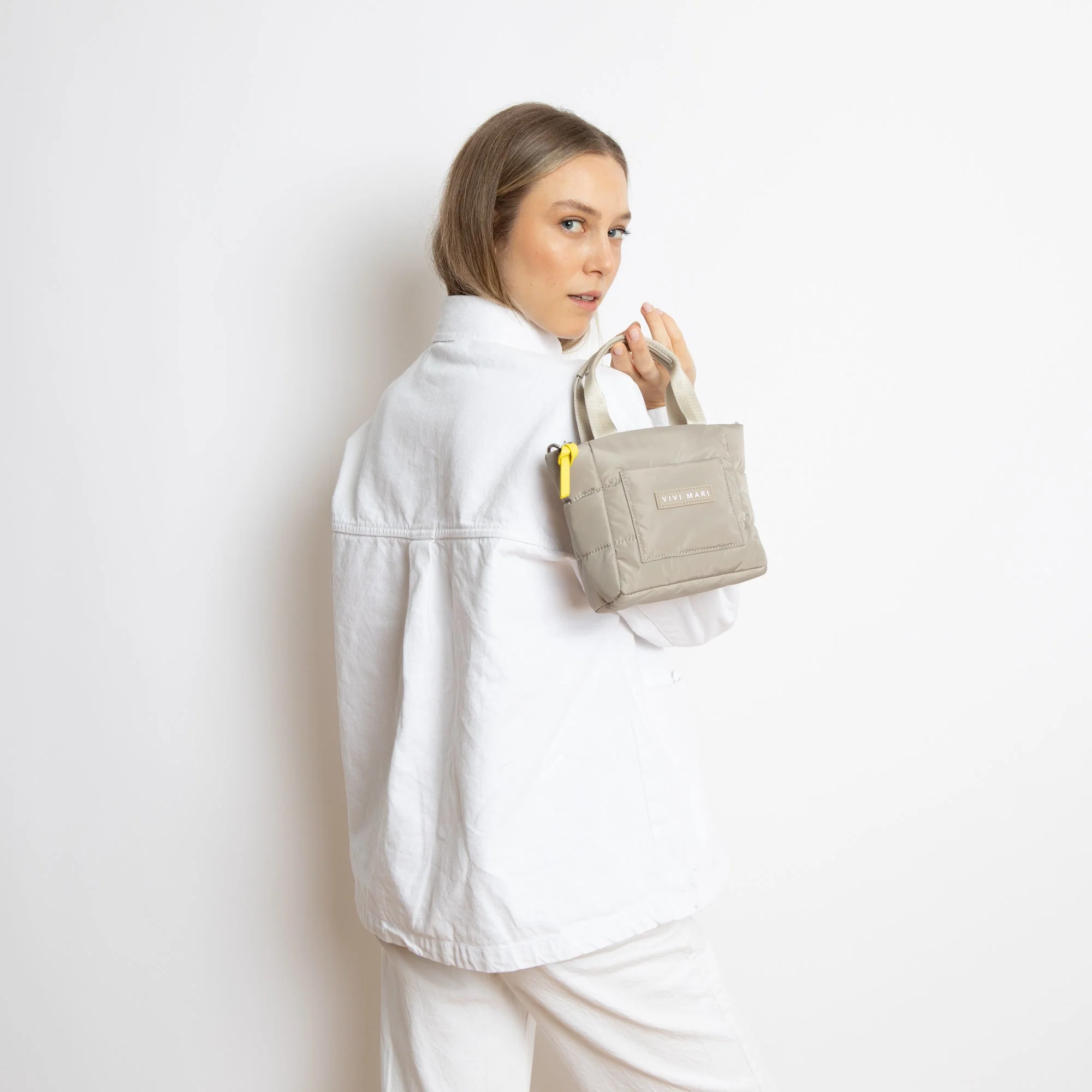 padded tote bag mini + strap basic woven slim - stone - Image 12