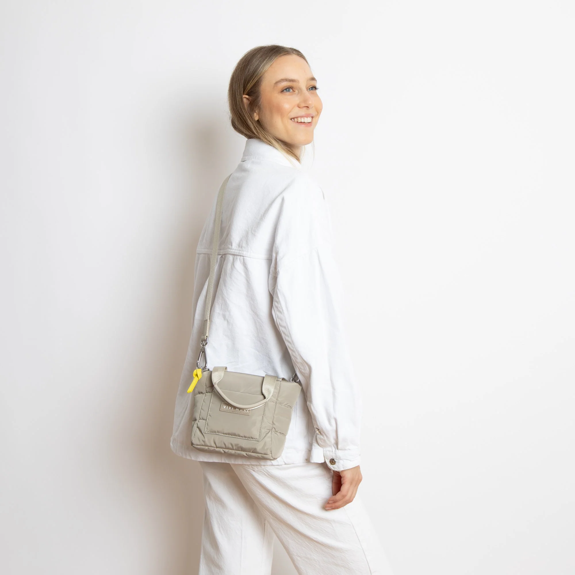 padded tote bag mini + strap basic woven slim - stone - Image 4