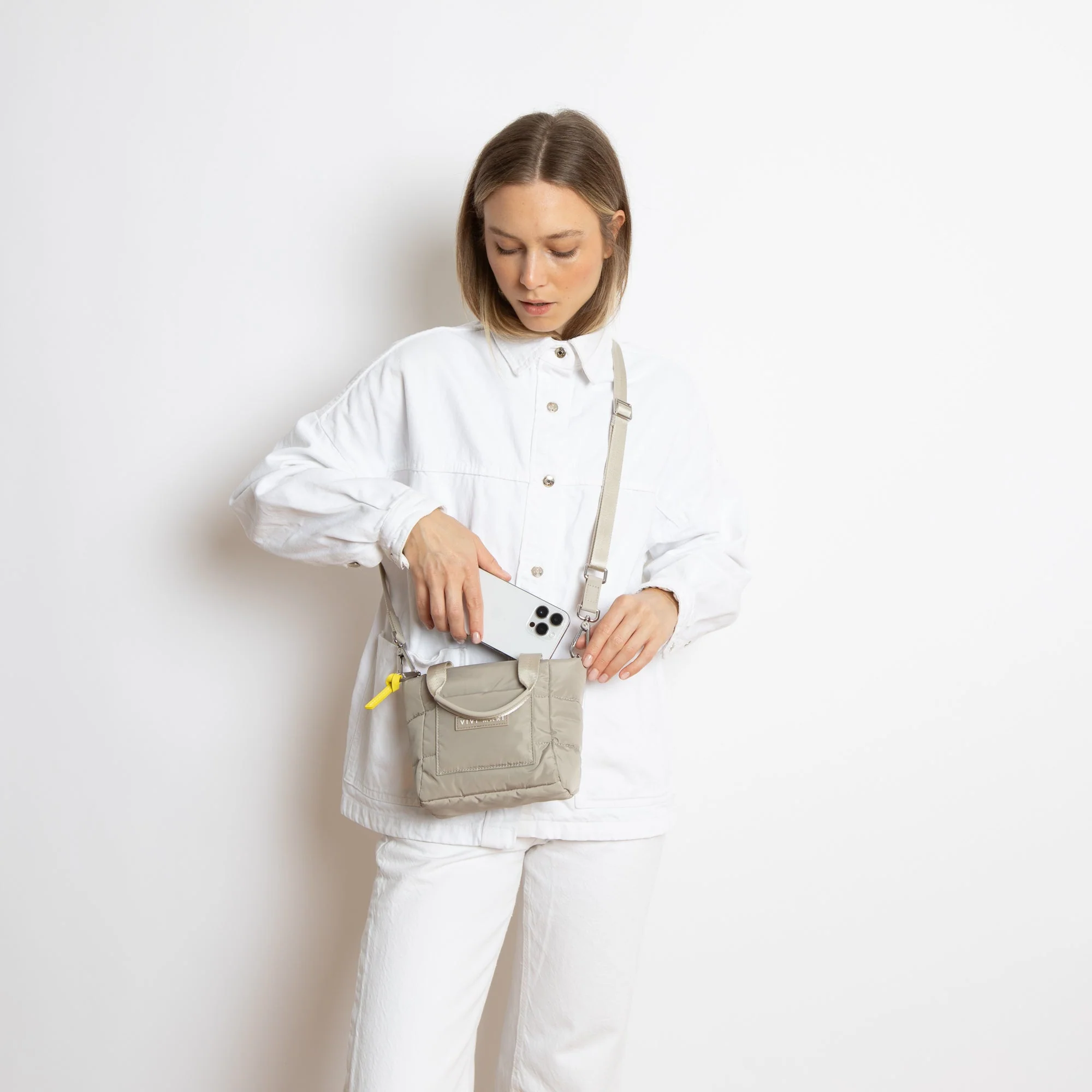 padded tote bag mini + strap basic woven slim - stone - Image 9