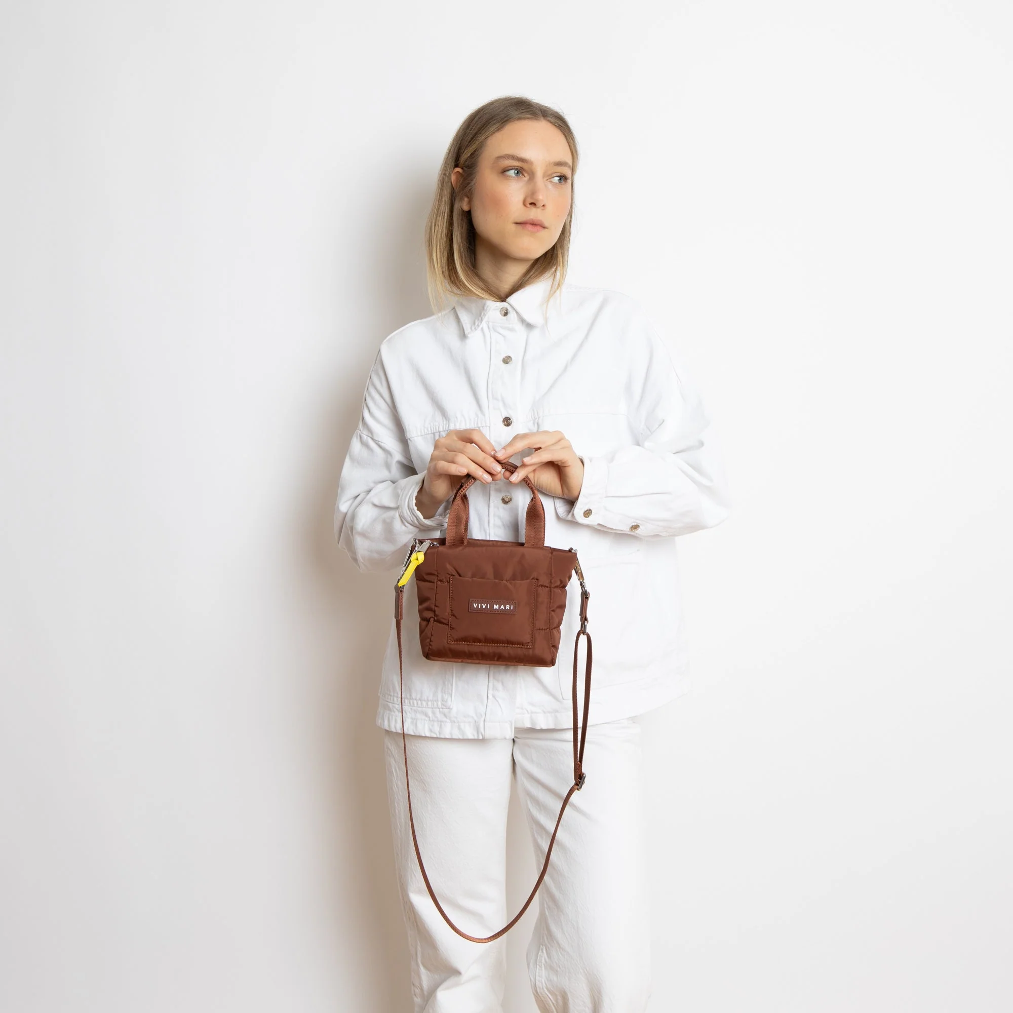 padded tote bag mini + strap basic woven slim - tan - Image 19