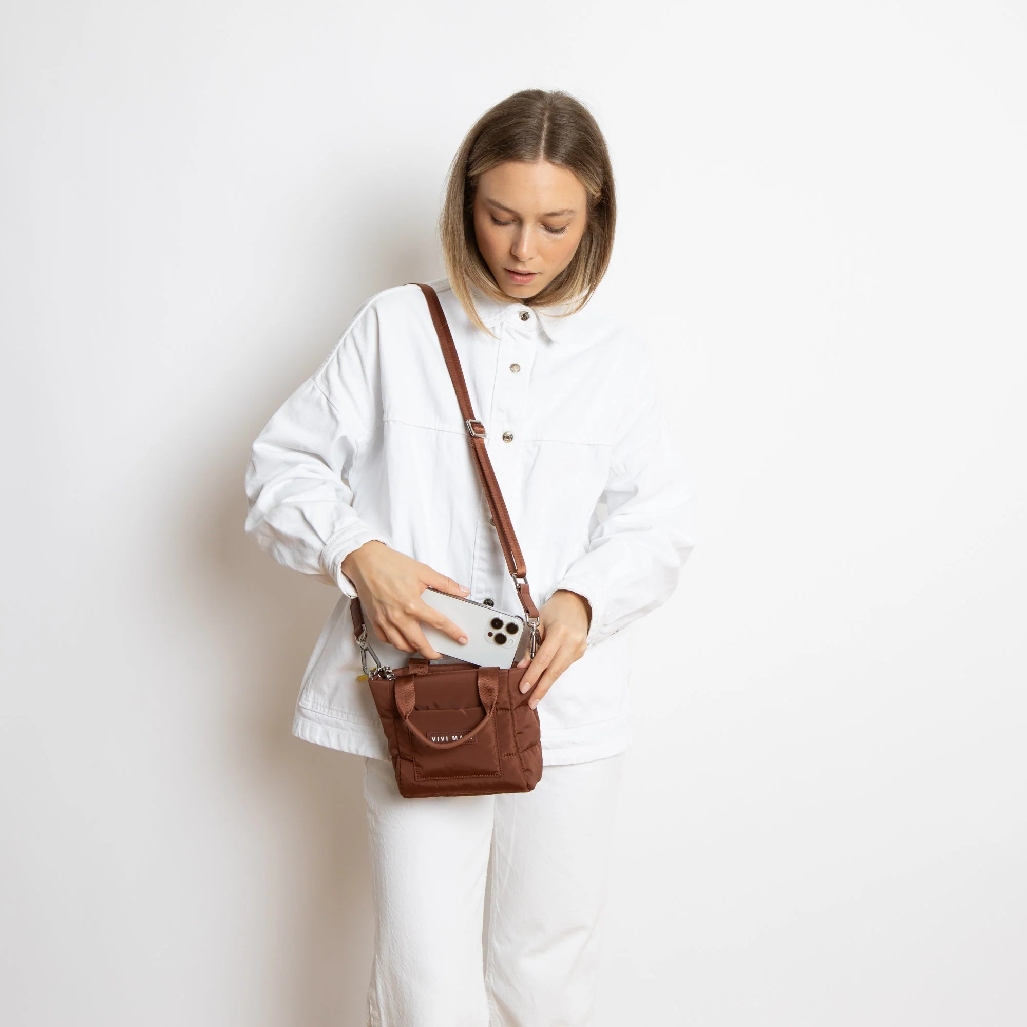 padded tote bag mini + strap basic woven slim - tan - Image 9