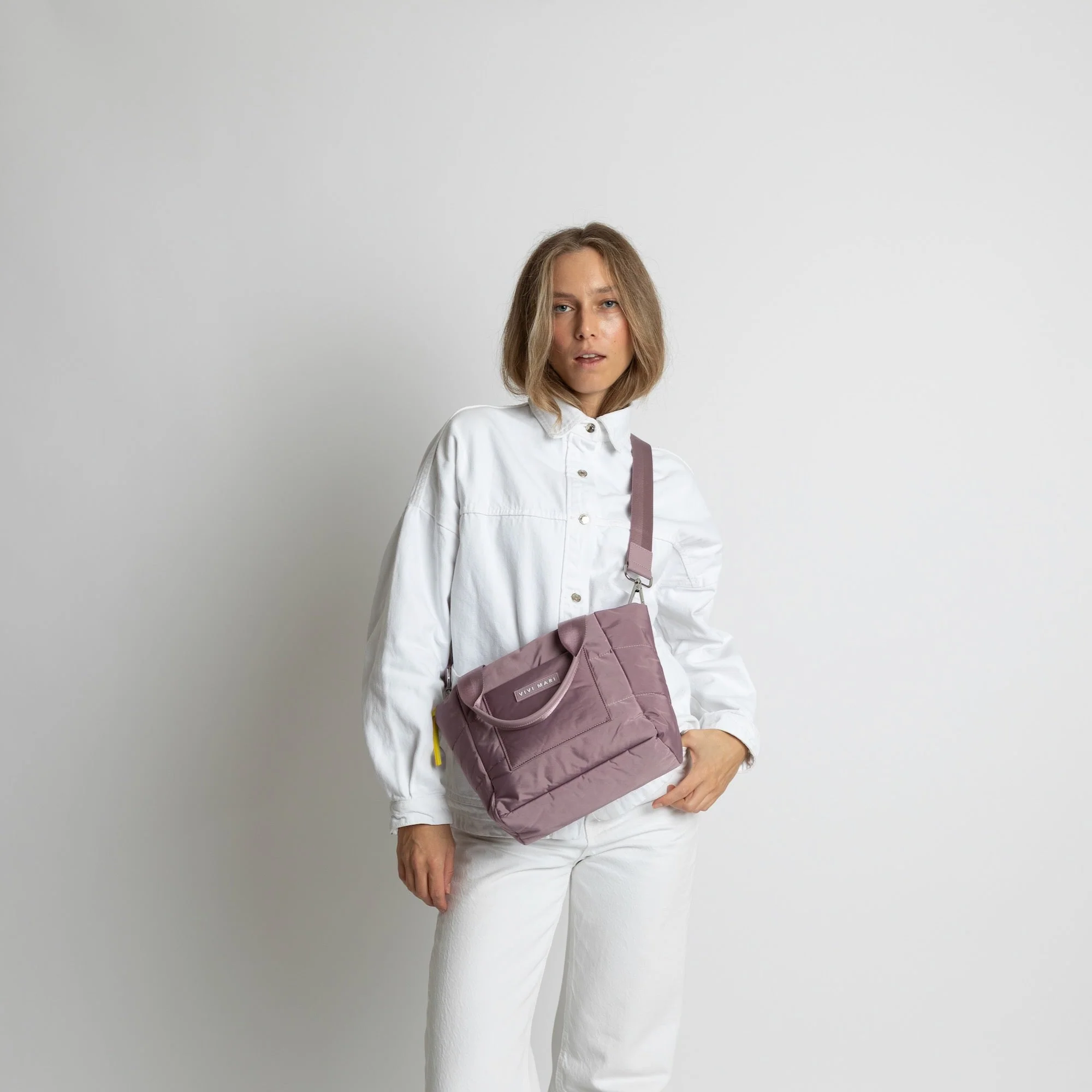 padded tote bag small + strap basic woven slim - ash plum - Image 11