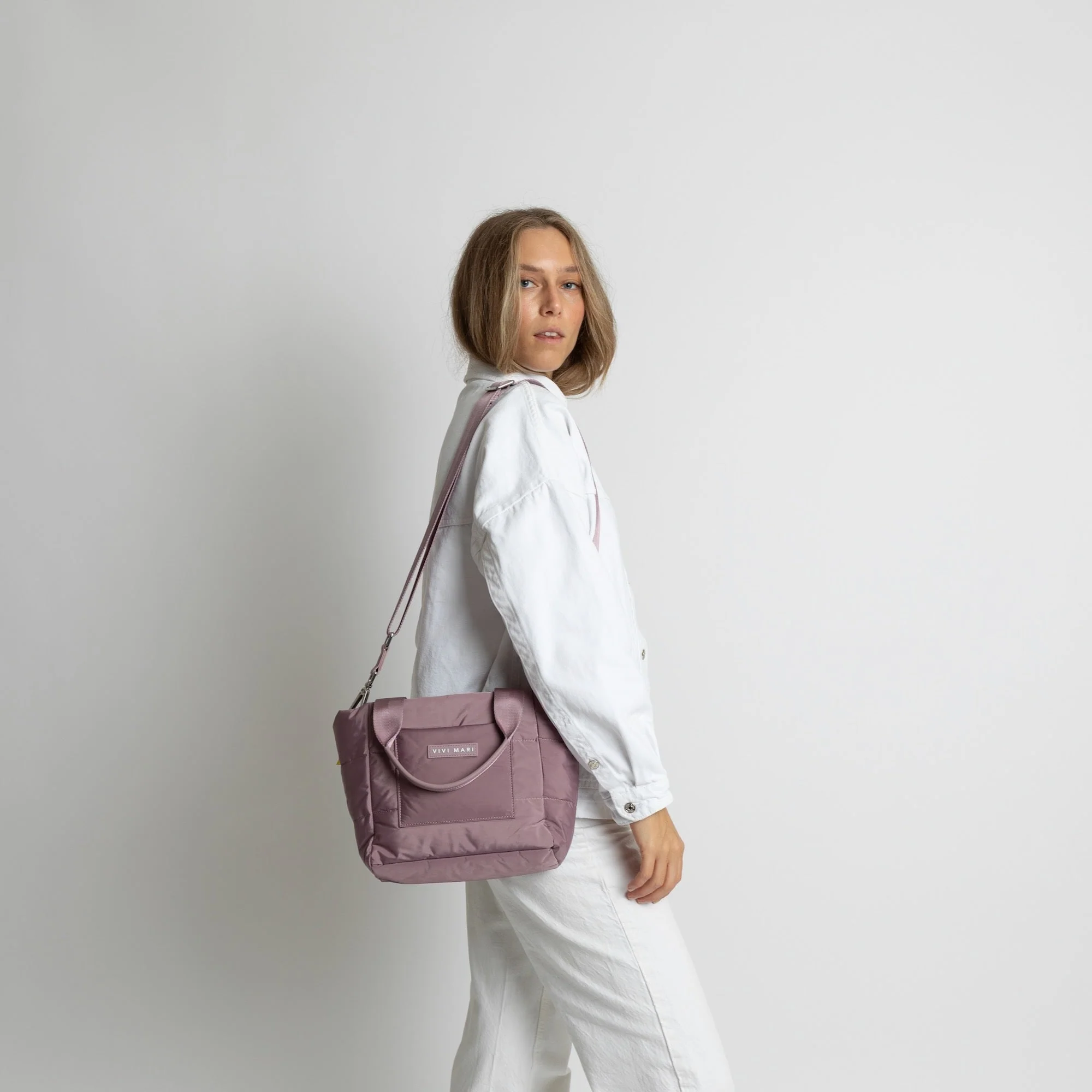 padded tote bag small + strap basic woven slim - ash plum - Image 13