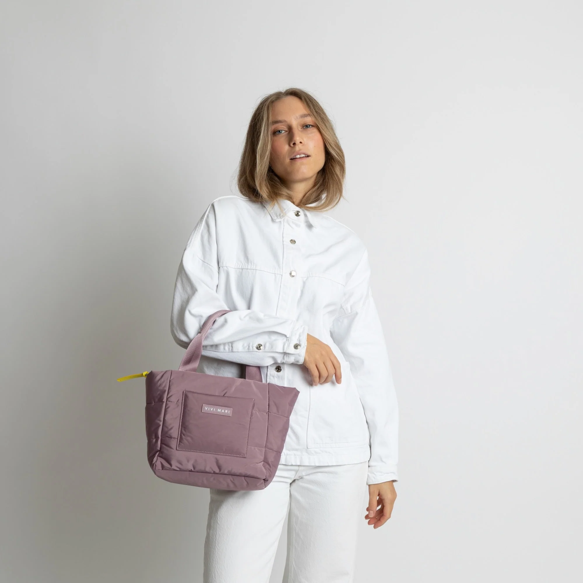 padded tote bag small + strap basic woven slim - ash plum - Image 9