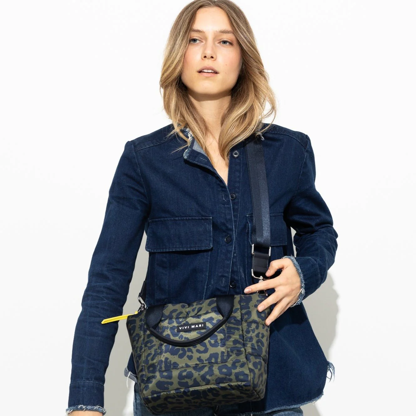 padded tote bag small + strap basic woven slim - leo splashes navy/olive - Image 17