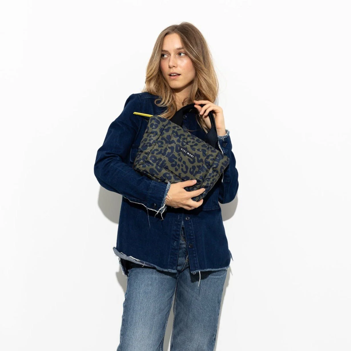 padded tote bag small + strap basic woven slim - leo splashes navy/olive - Image 20