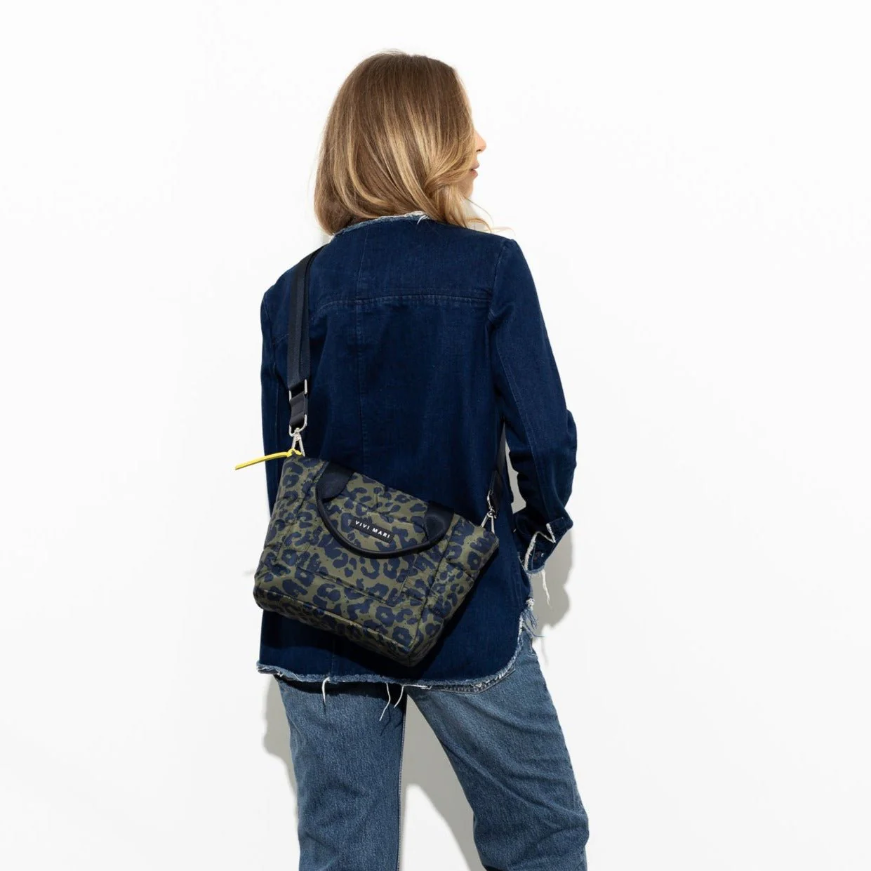 padded tote bag small + strap basic woven slim - leo splashes navy/olive - Image 4