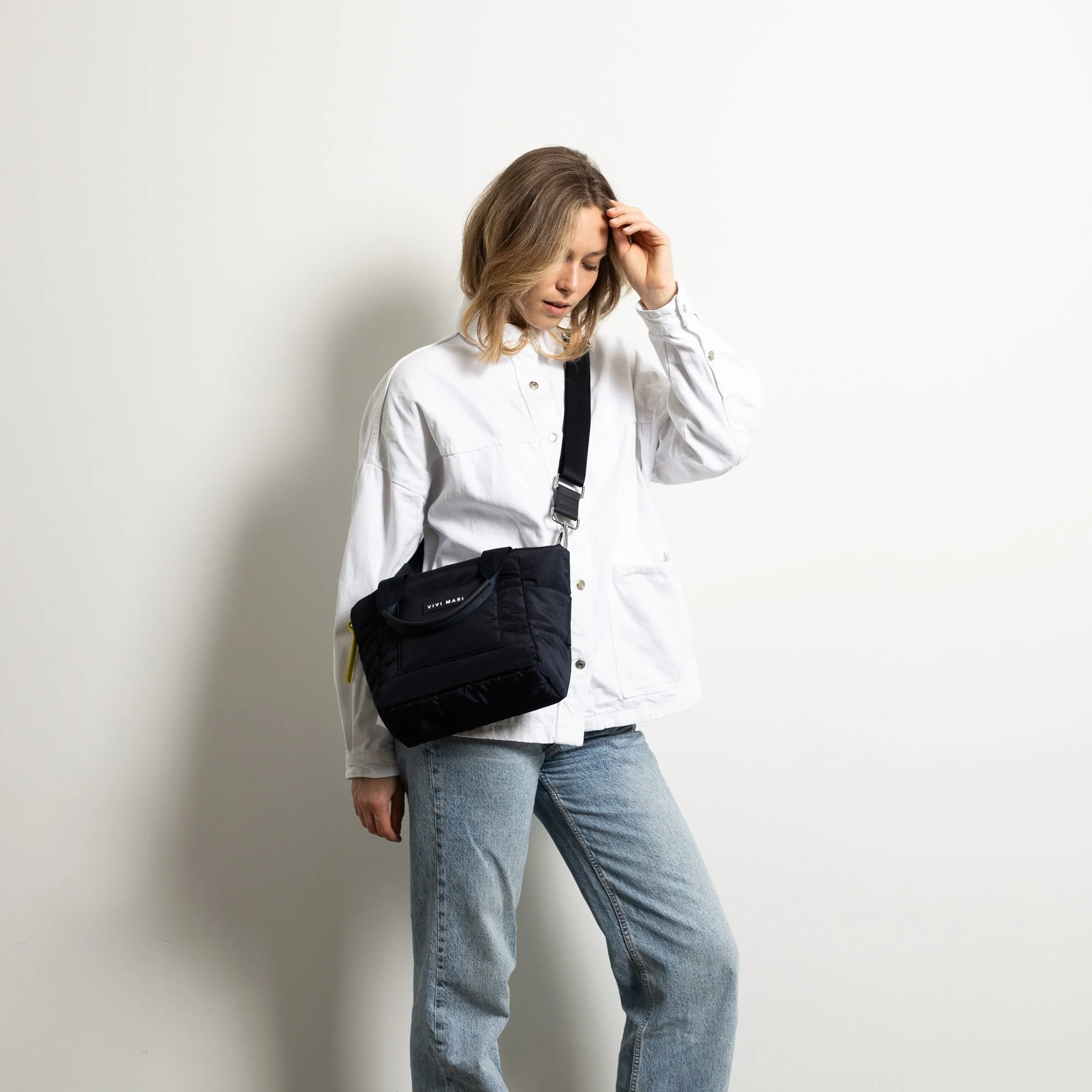 padded tote bag small + strap basic woven slim - navy - Image 13