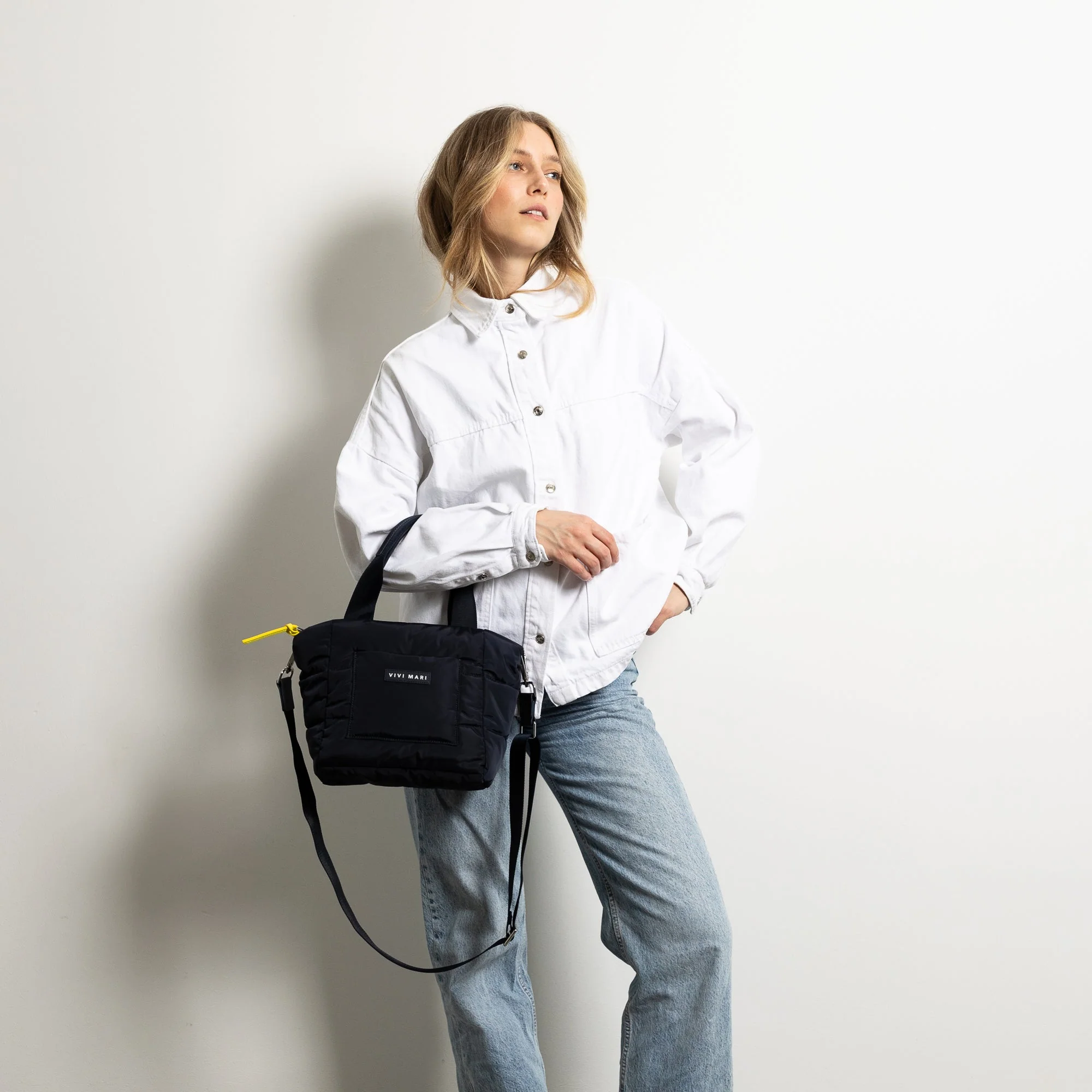 padded tote bag small + strap basic woven slim - navy - Image 5