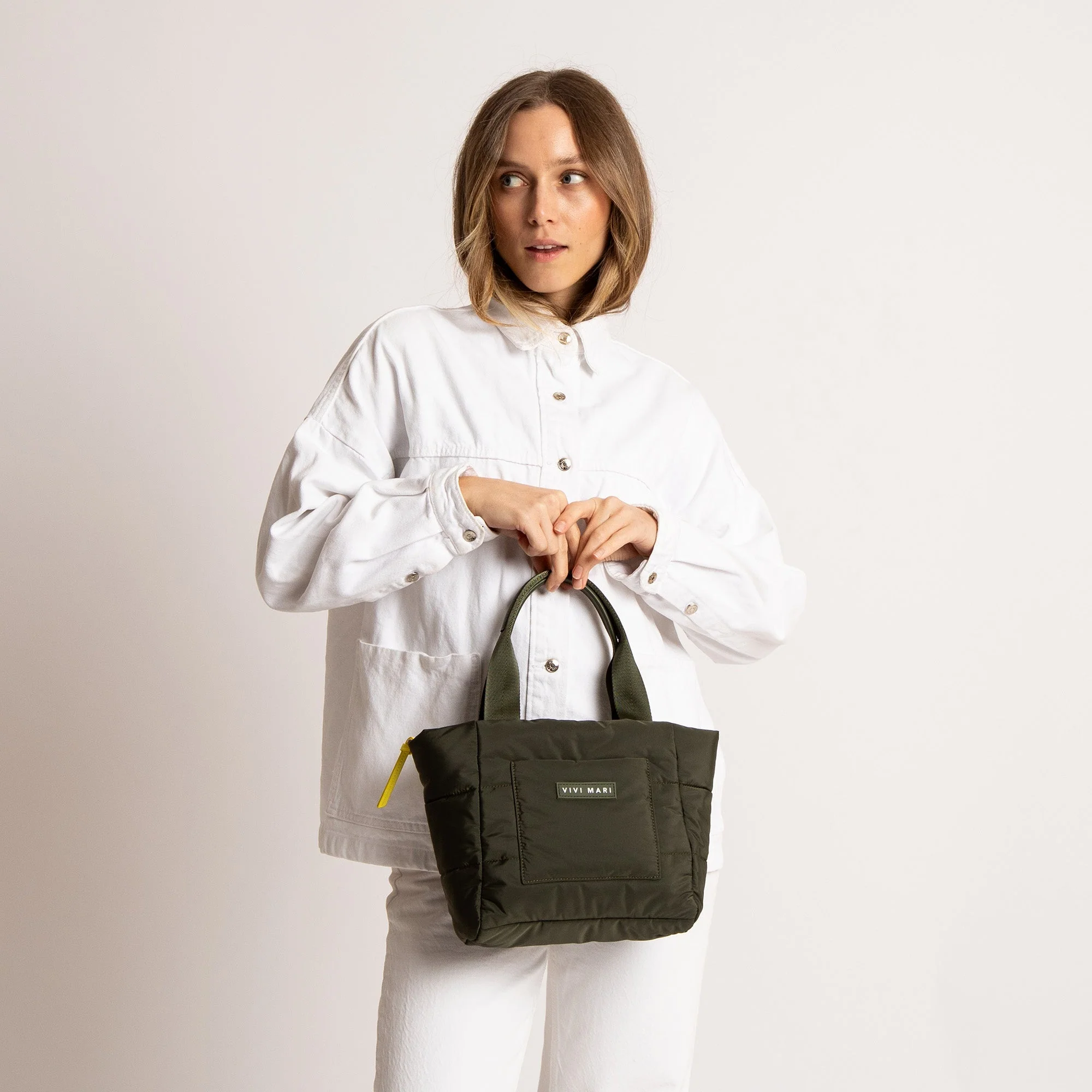 padded tote bag small + strap basic woven slim - olive - Image 10