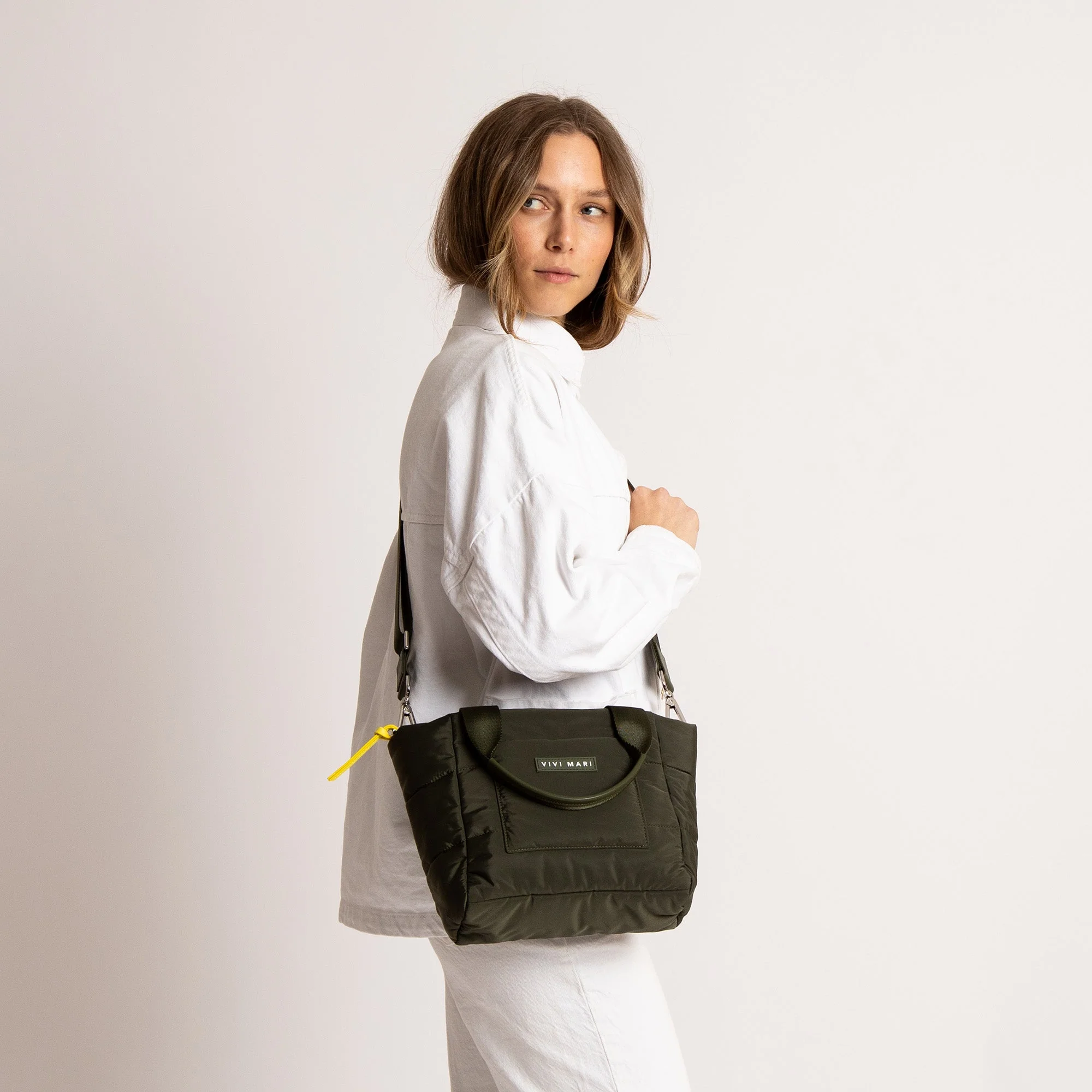 padded tote bag small + strap basic woven slim - olive - Image 2