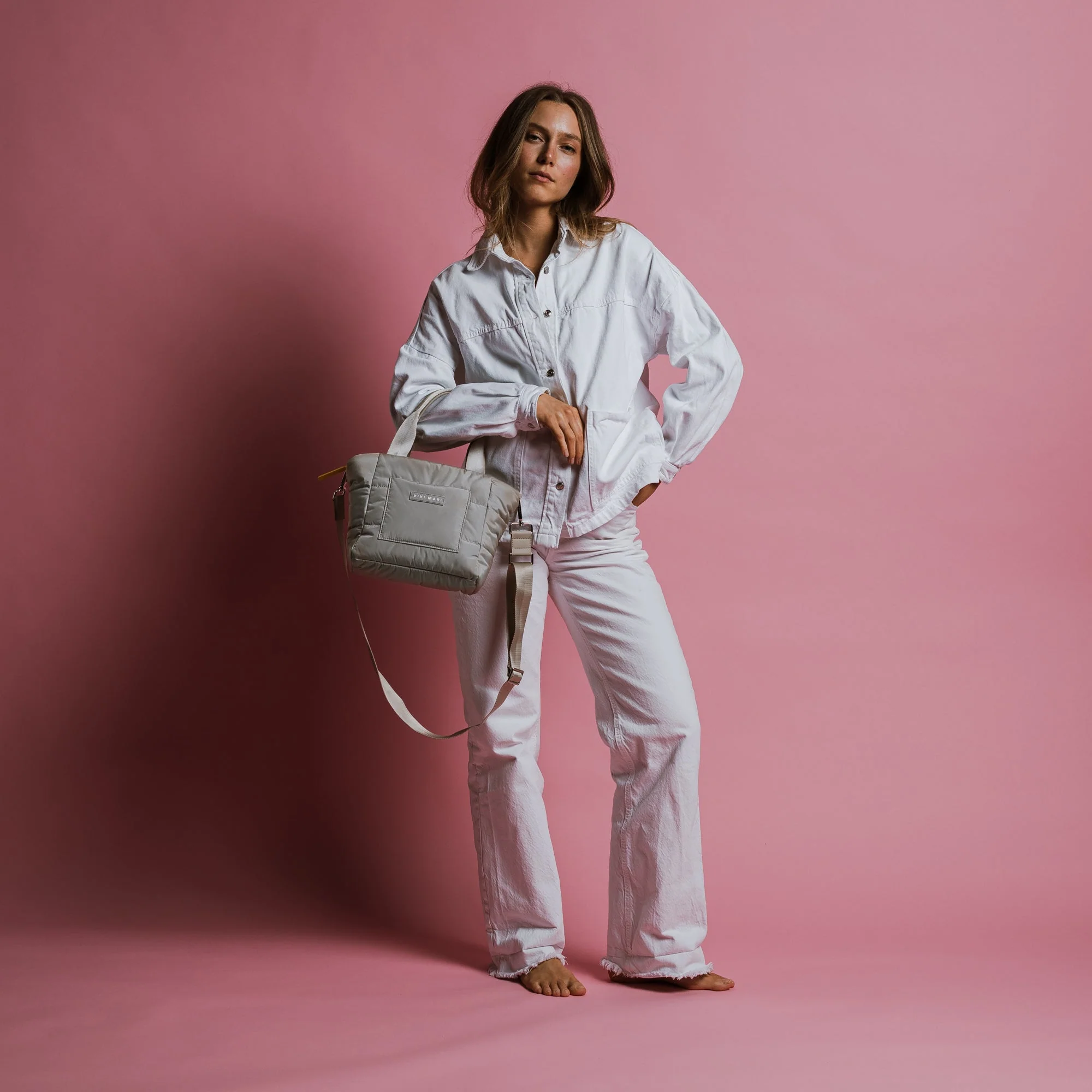 padded tote bag small + strap basic woven slim - stone - Image 2