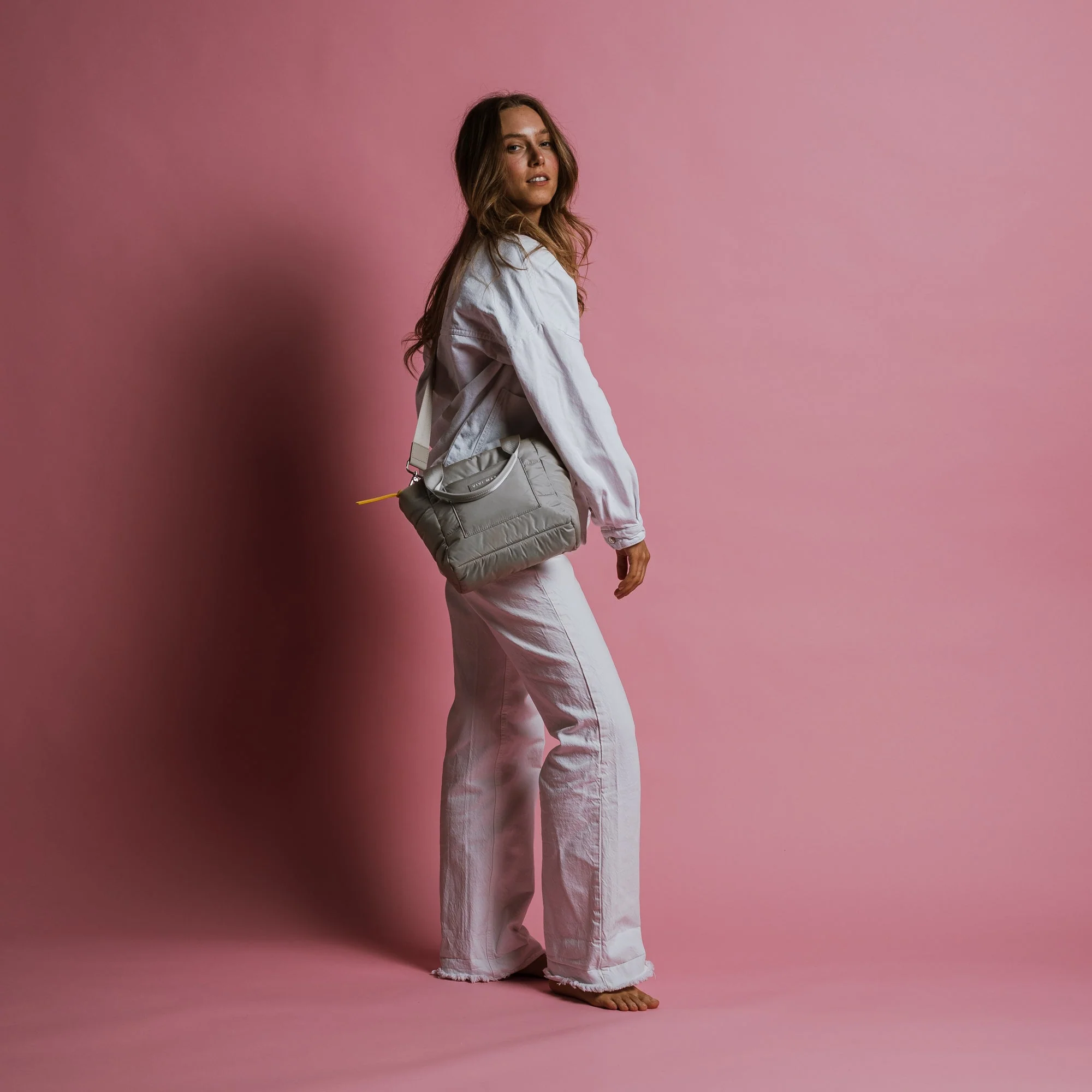 padded tote bag small + strap basic woven slim - stone - Image 4